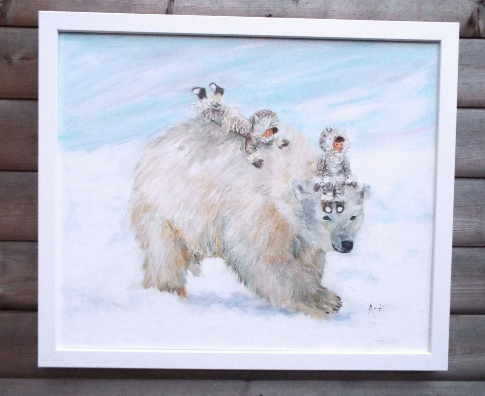 New Framed Original Painting Fantasy Art Polar Bear And Children Signed Andi J Lucas