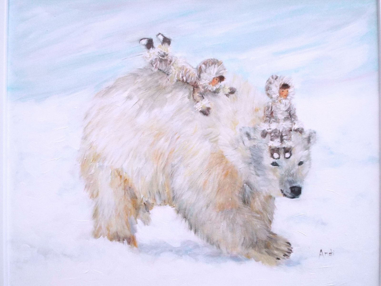 New Framed Original Painting Fantasy Art Polar Bear And Children Signed Andi J Lucas photo for sale