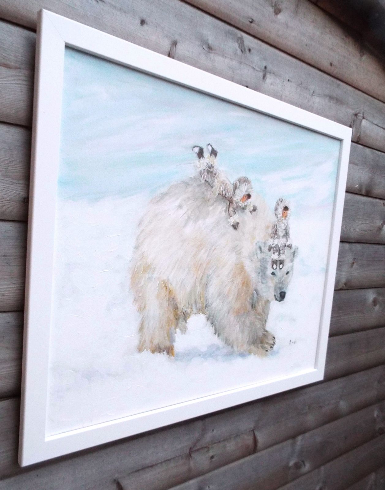 New Framed Original Painting Fantasy Art Polar Bear And Children Signed Andi J Lucas photo vintage