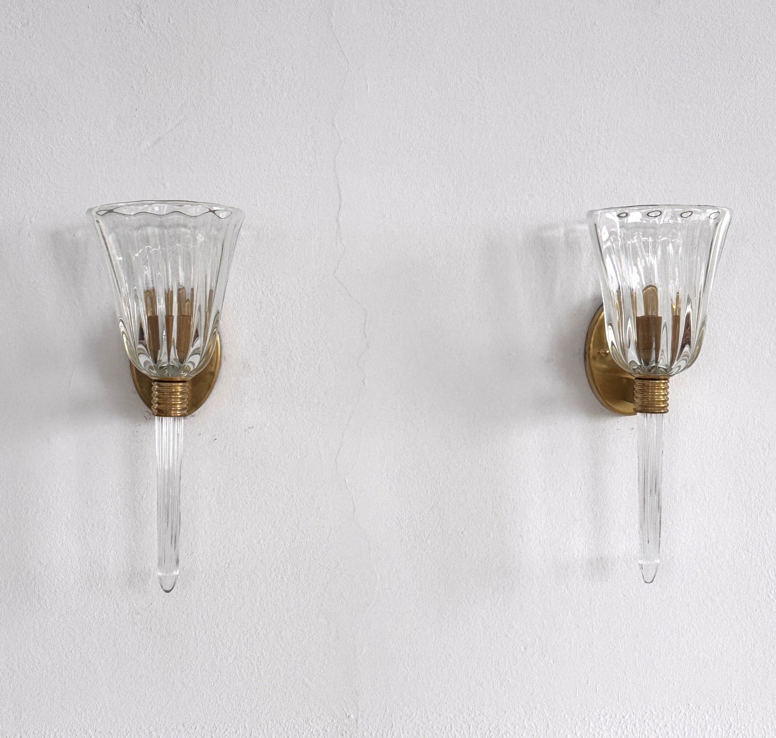 Italian Murano Crystal Glass And Brass Wall Sconces In The Art Deco Style photo vinterior