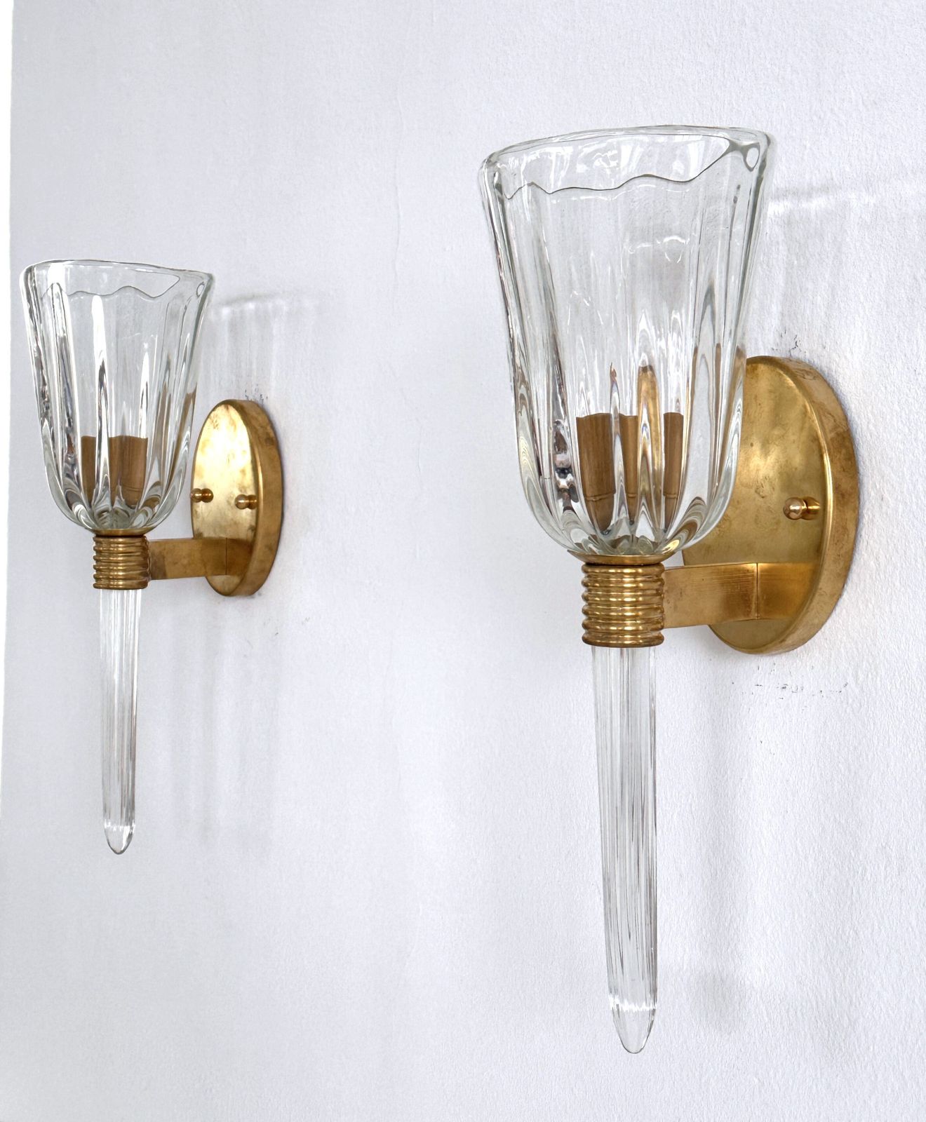 photo for sale Italian Murano Crystal Glass And Brass Wall Sconces In The Art Deco Style