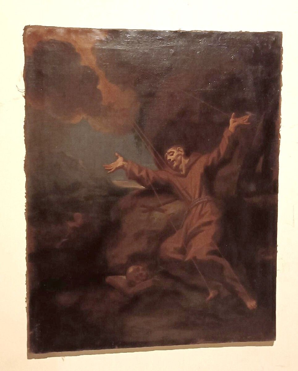 Antique Oil Painting On Canvas Depicting Saint Francis In Ecstasy