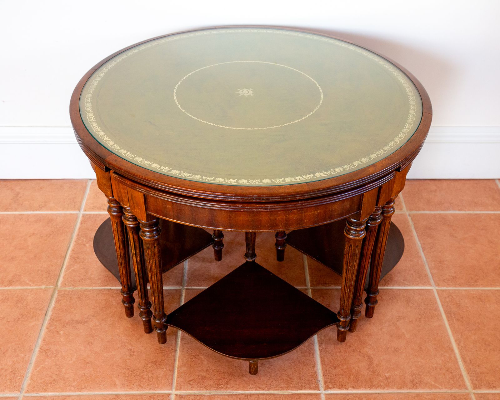 Campaign Style Leather Top Mahogany Nesting Centre Coffee Tables Glass Embossed Stencilled Leather Occasional Cocktail Tables Nest Of Tables Segmented