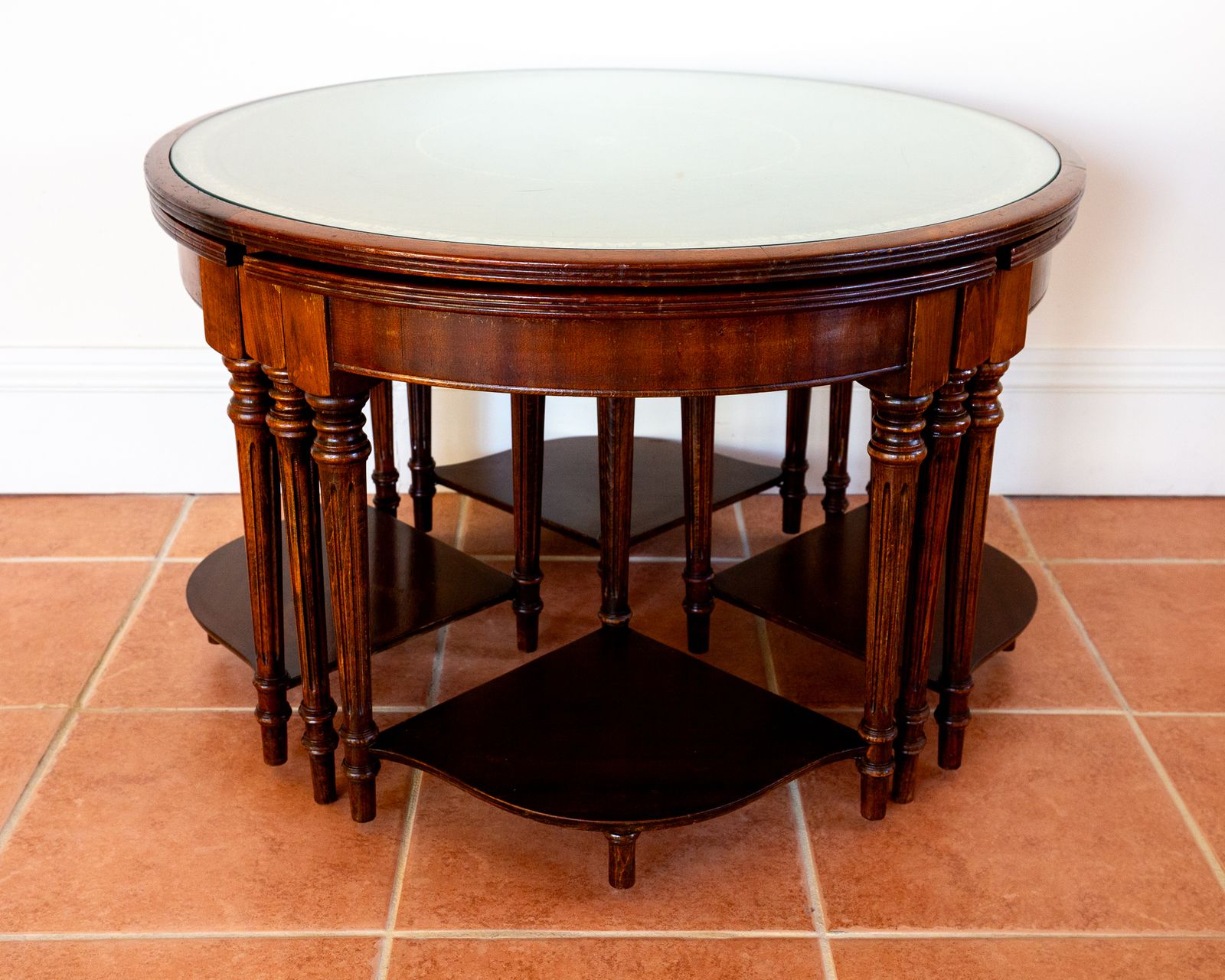 Campaign Style Leather Top Mahogany Nesting Centre Coffee Tables Glass Embossed Stencilled Leather Occasional Cocktail Tables Nest Of Tables Segmented photo Furniture