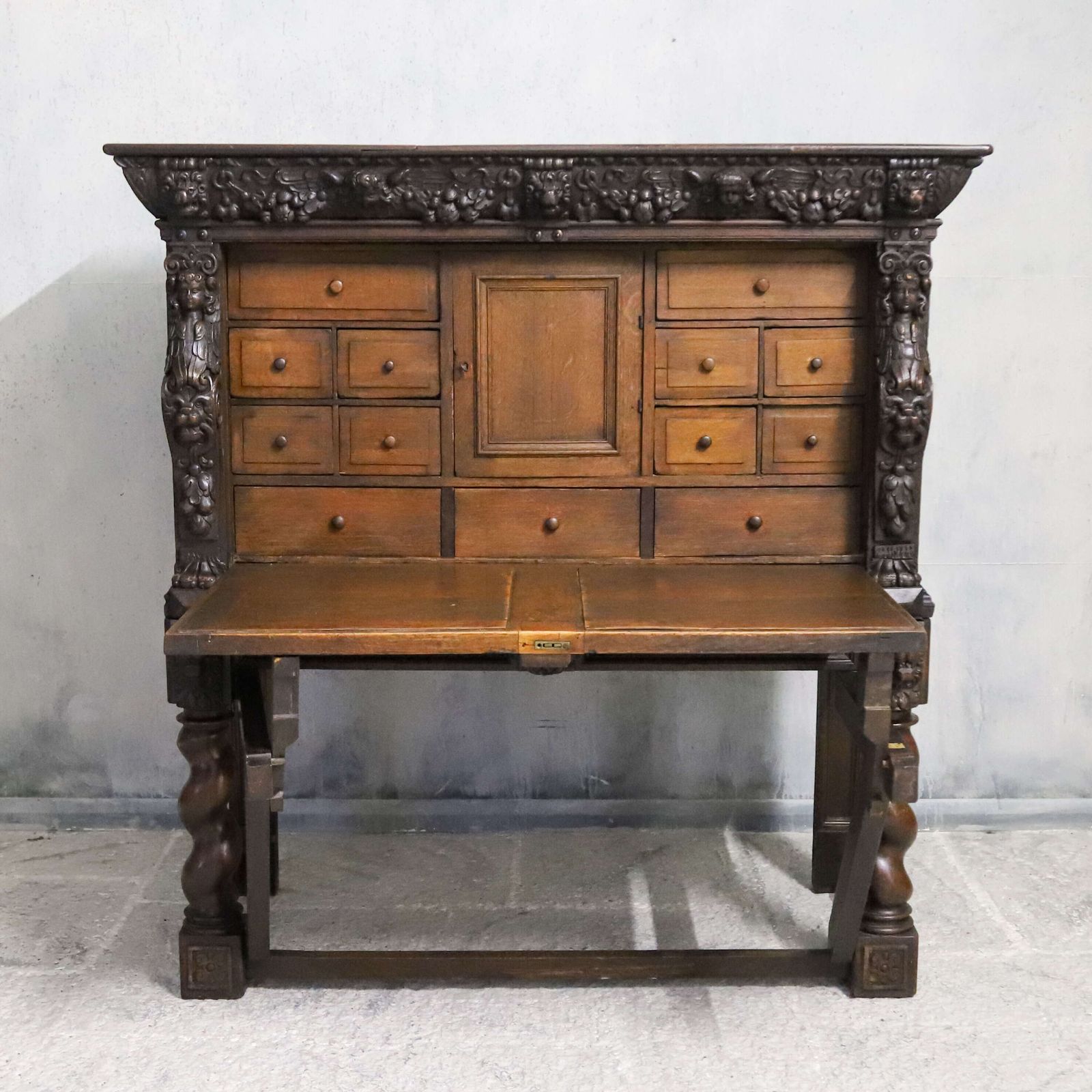 1899.0 19th Century Flemish Carved Oak Cabinet On Stand With Lion Masks C.1850 1880 photo