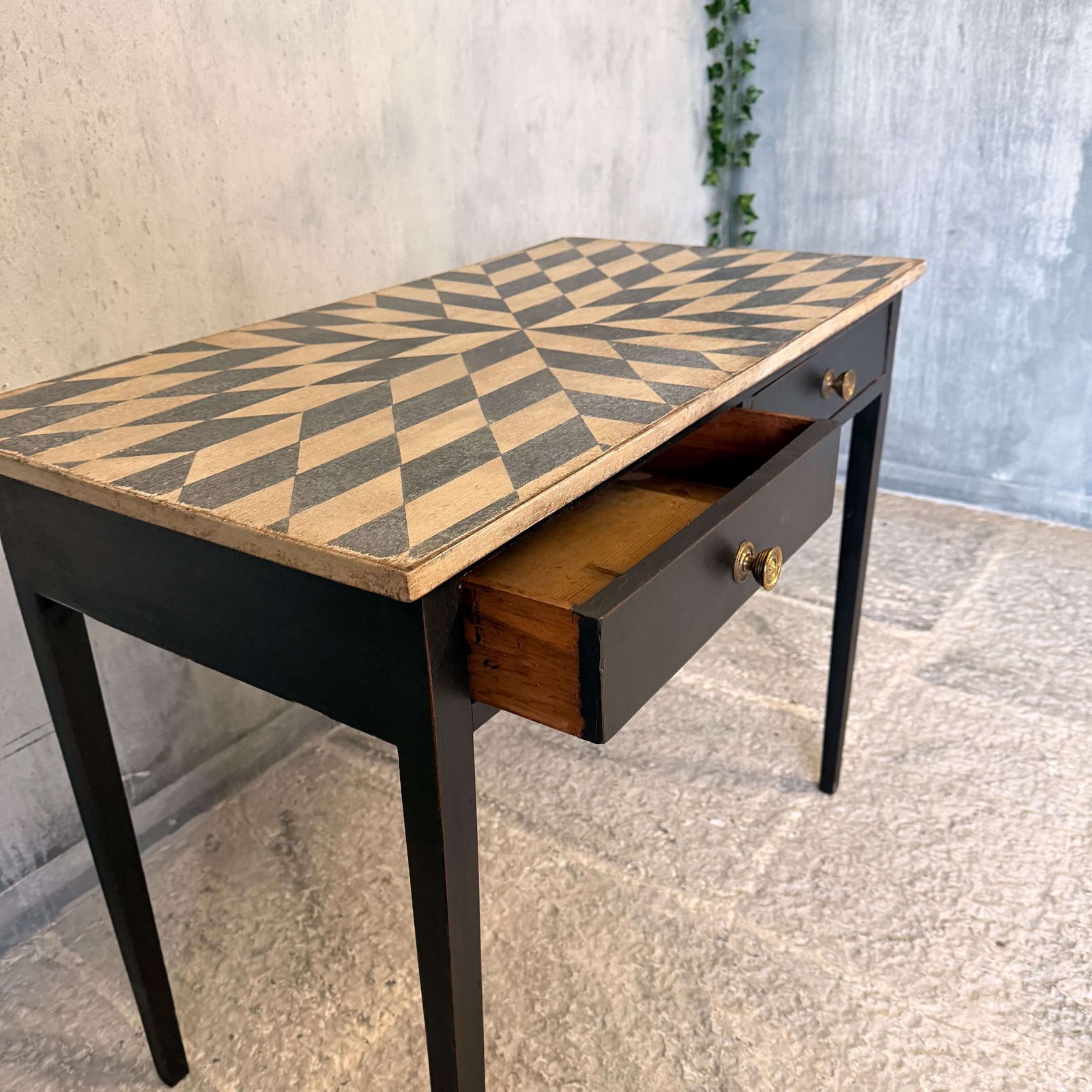 Late Georgian Side Table With Two Drawers And Hand Painted Geometric Top C.1820 photo vintage
