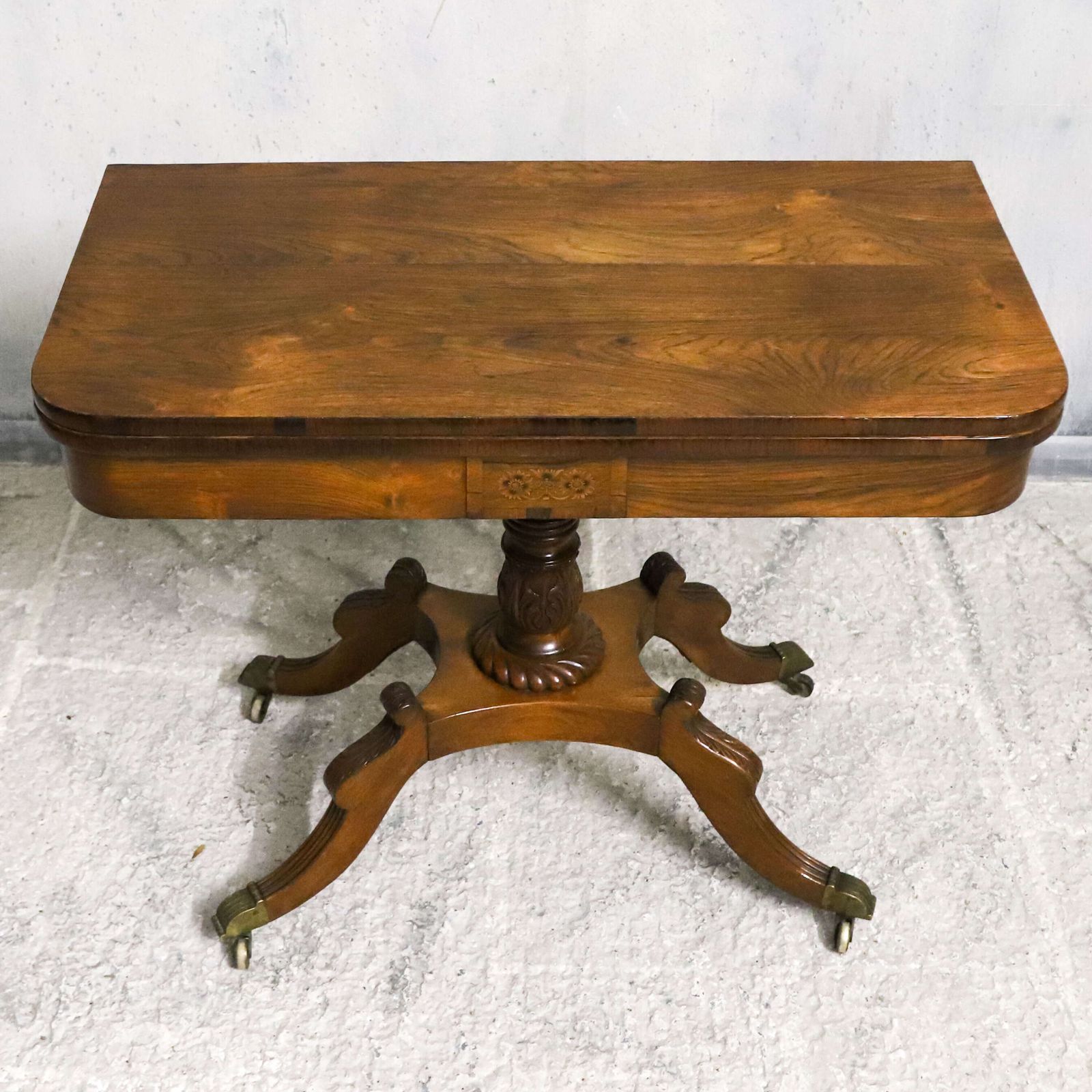 1025.0 Regency Rosewood Tea Table With Fold Over Top And Original Brass Castors photo