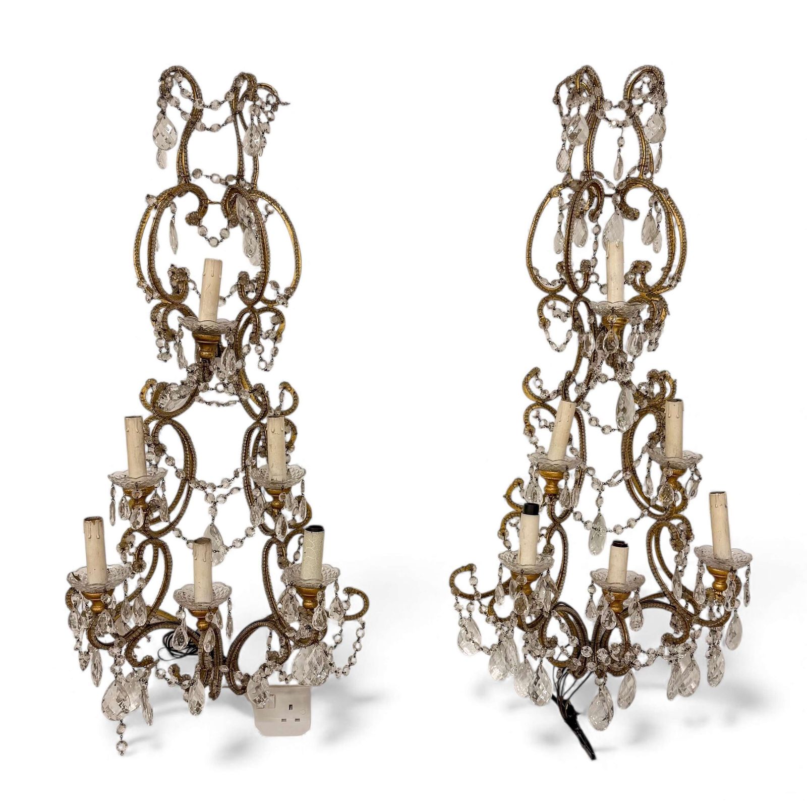 Pair Of English Crystal And Gilt Metal Wall Sconces — 20th Century