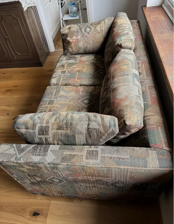 A Vintage Mid Century 3 Seater Sofa With An Aztec Geometric Design Jute Fabric. photo 250.0