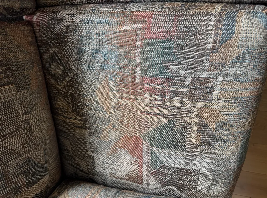 A Vintage Mid Century 3 Seater Sofa With An Aztec Geometric Design Jute Fabric. photo buy