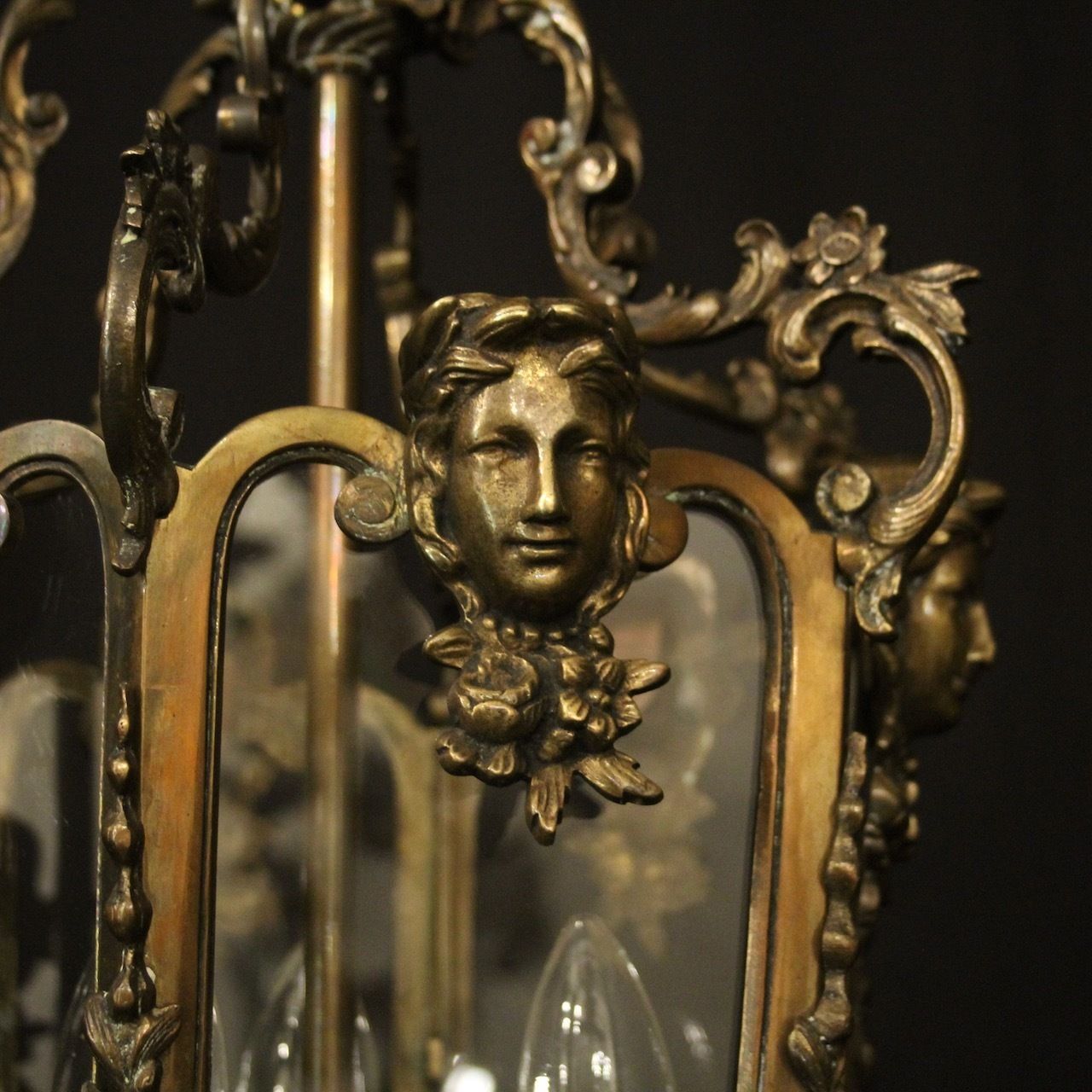 French Bronze Triple Light Hall Antique Lantern photo vintage