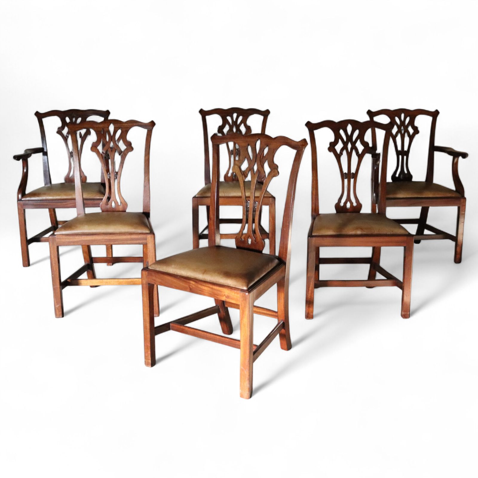 photo vinterior Set Of 6 Chippendale Style Mahogany Leather Seat Dining Chairs