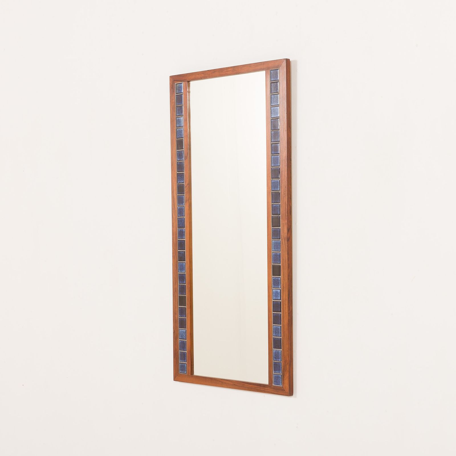 Scandinavian Mid Century Xl Rosewood Wall Mirror With Blue Tiles, 1970s
