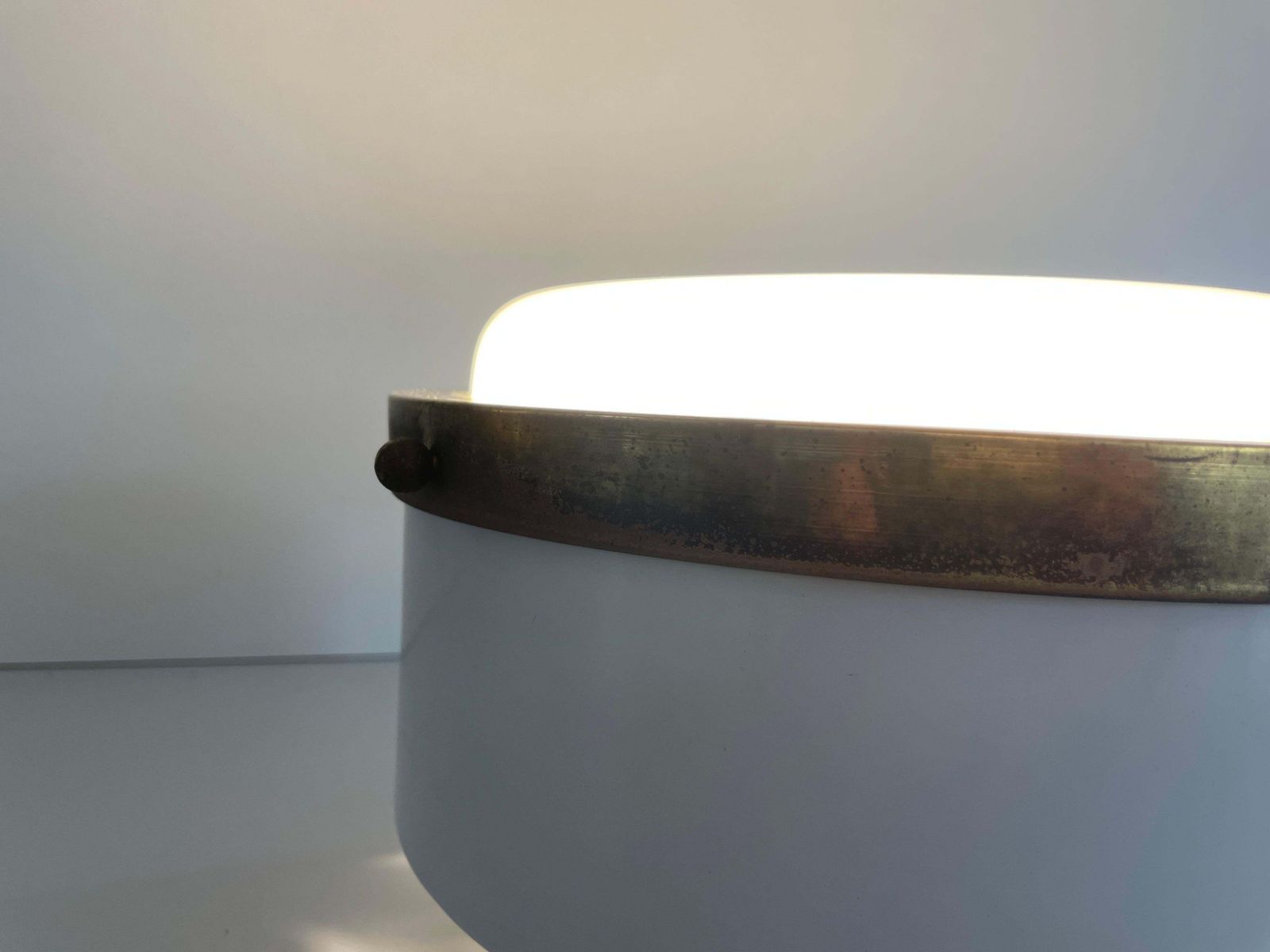 photo vintage Round Opaline Glass Flush Mount Light By Minilumi Design, 1960s, Italy