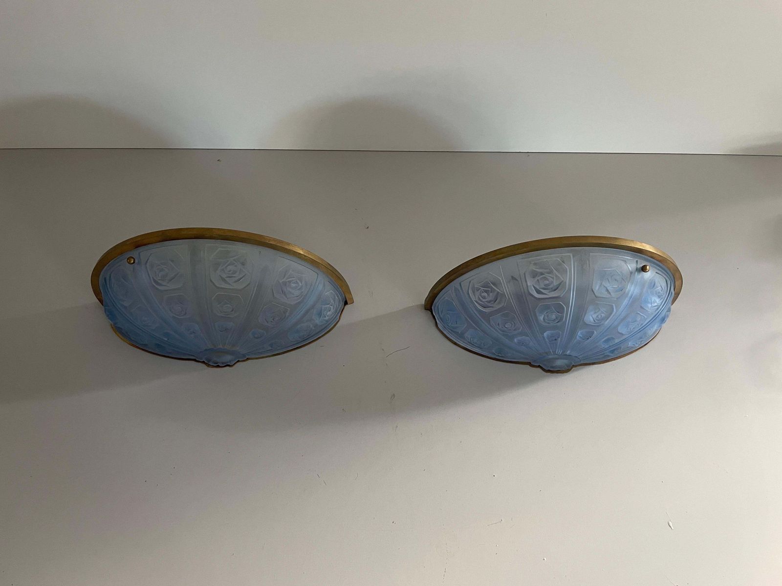 Blue French Glass And Brass Frame Pair Of Sconces, 1950s, France photo furniture