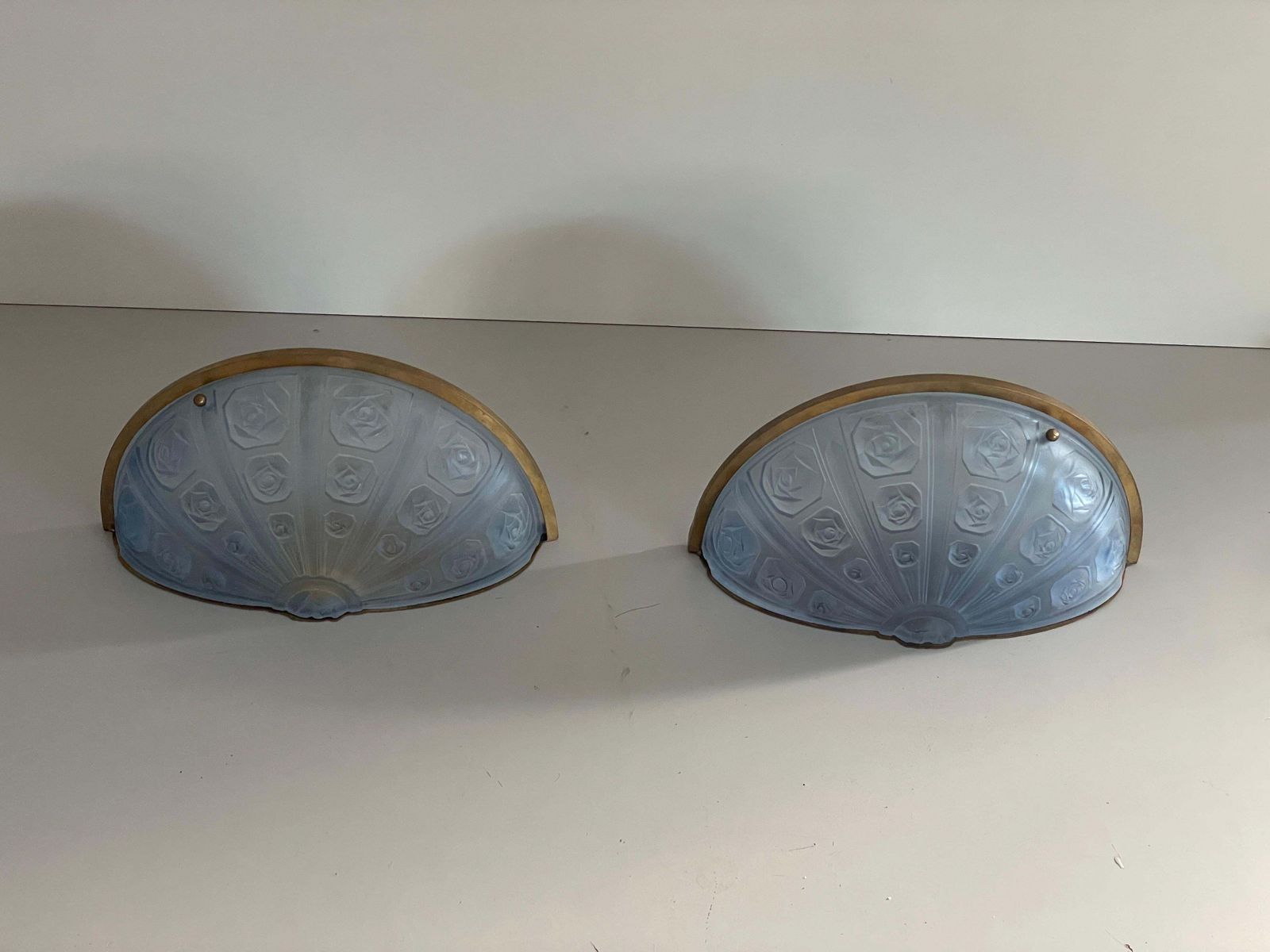 Blue French Glass And Brass Frame Pair Of Sconces, 1950s, France photo Lighting