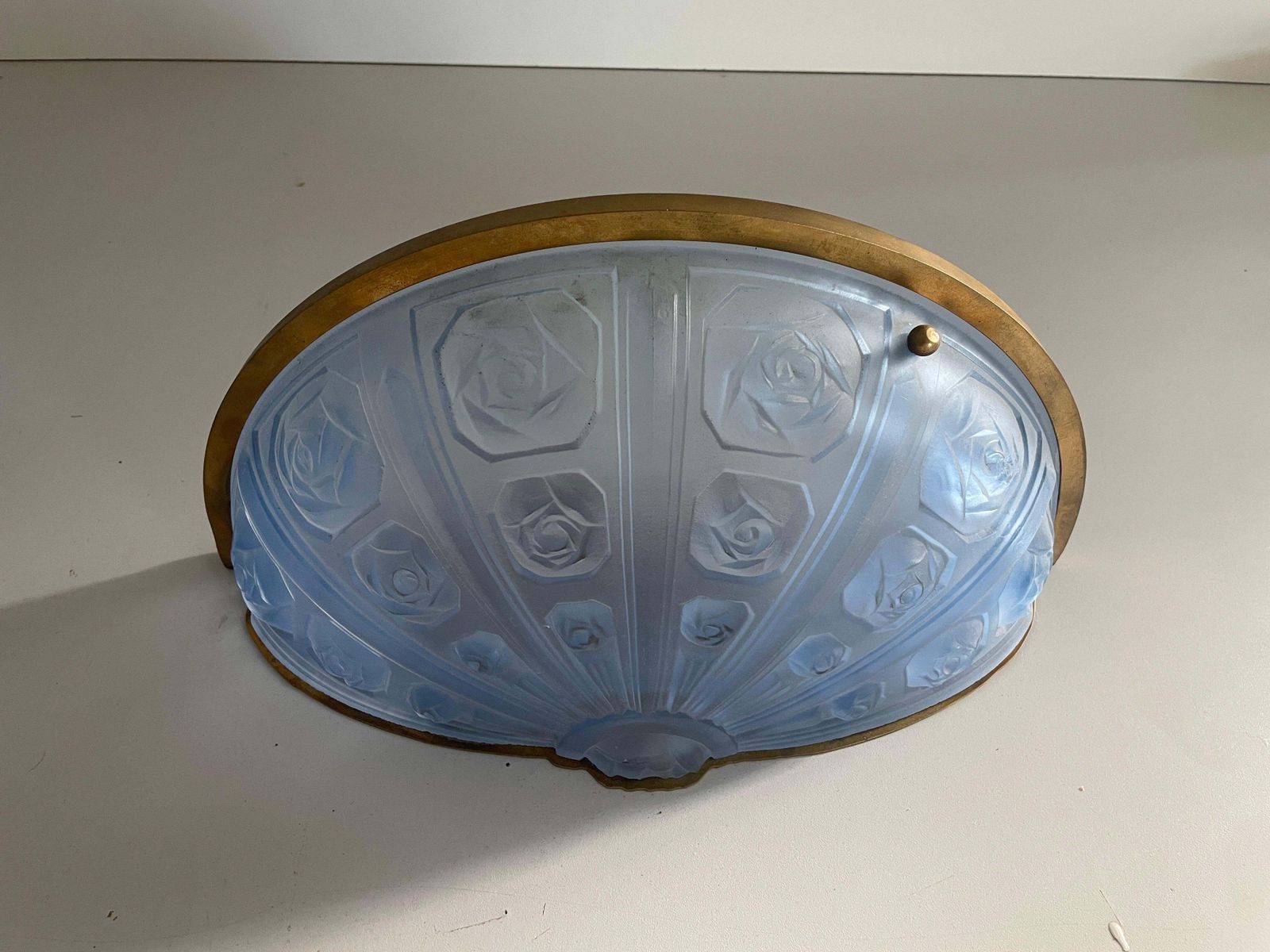 Blue French Glass And Brass Frame Pair Of Sconces, 1950s, France photo vintage