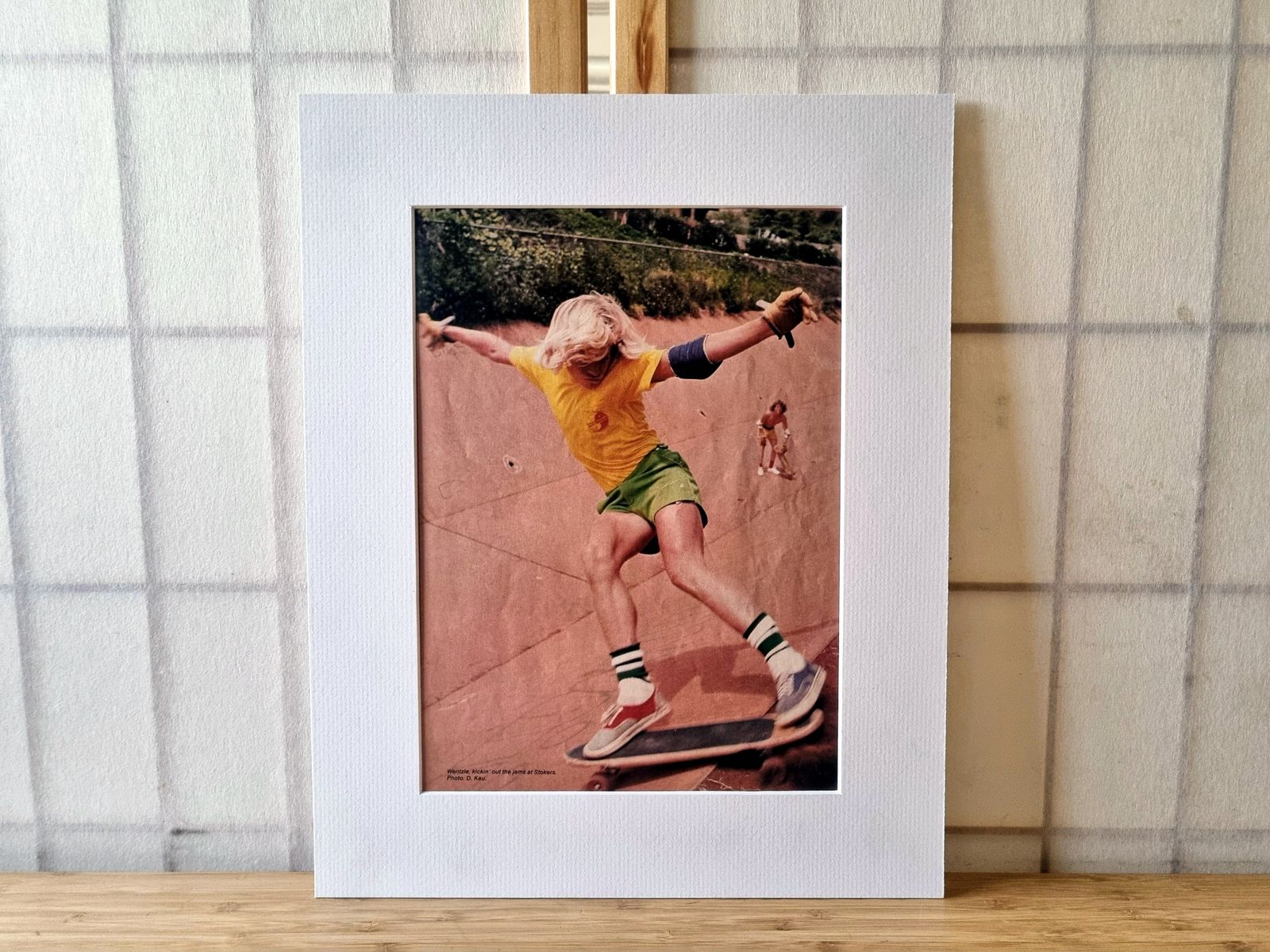 Skateboard Magazine Page Mounted, Wentzle Ruml Zephyr Team Action, Santa Monica California Skate Culture, 1970s Color Image photo furniture