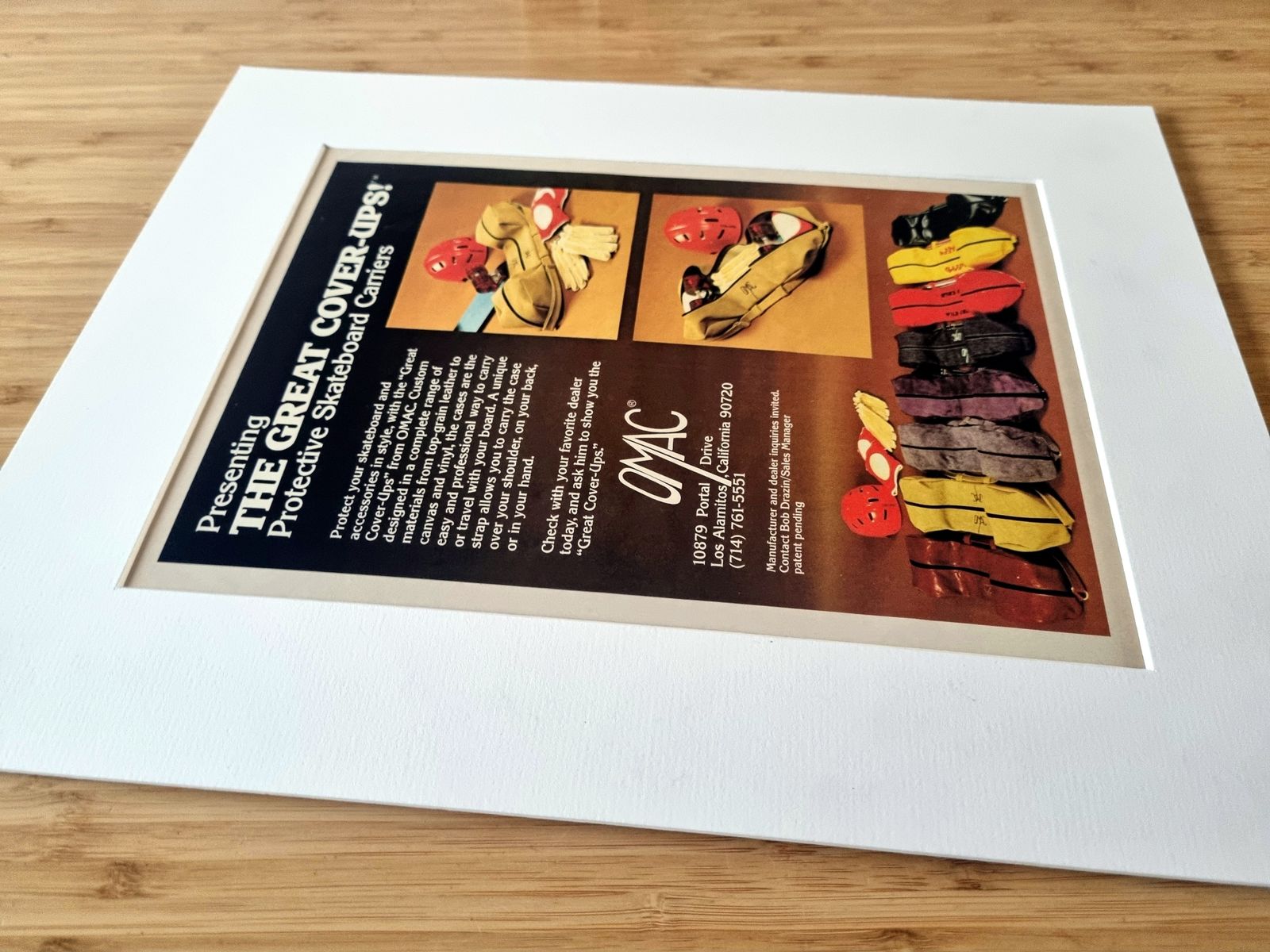 Skateboard Magazine Advertisement Mounted, Omac Protective Skateboard Carriers, Southern California Skate Gear, 1970s Skate Culture photo furniture
