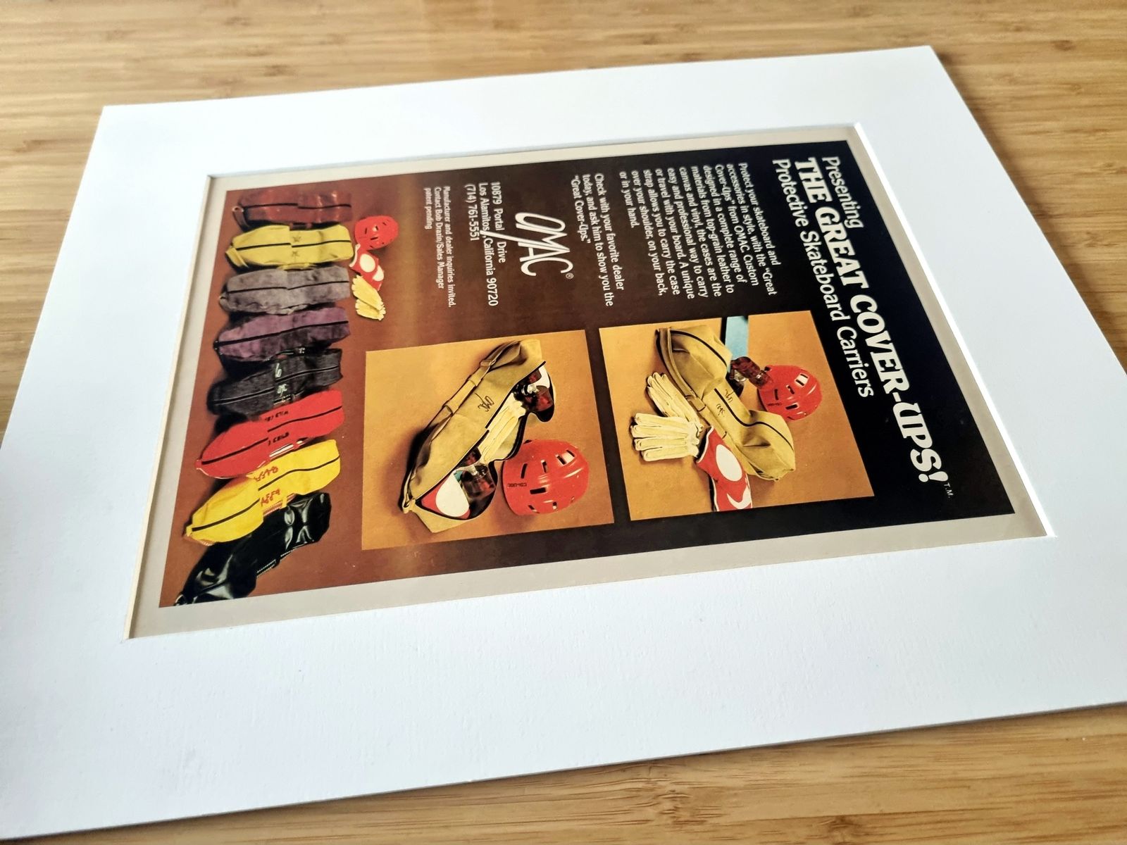 Skateboard Magazine Advertisement Mounted, Omac Protective Skateboard Carriers, Southern California Skate Gear, 1970s Skate Culture photo for sale