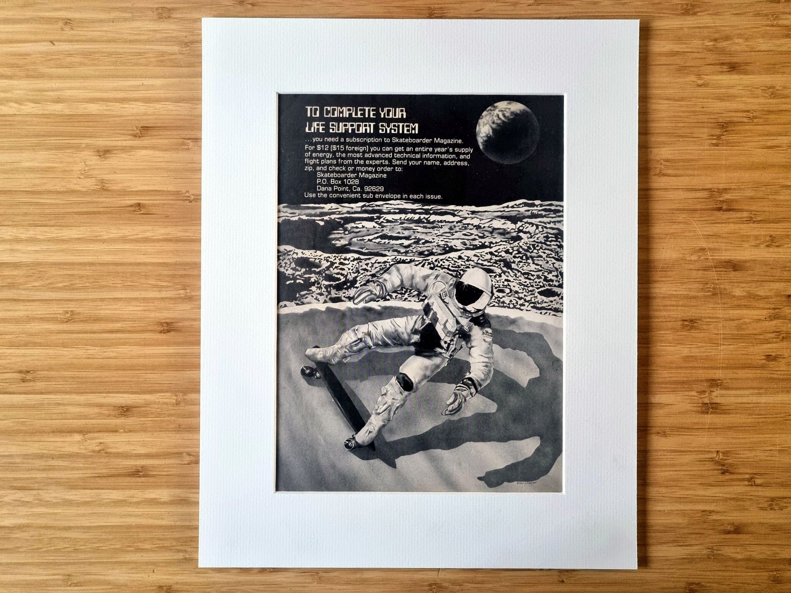 Retro Space Art, Skateboard Magazine Advertisement Mounted, Ron Larson Artist Illustration, 1970s Sci Fi Skate Culture, Sci Fi photo furniture