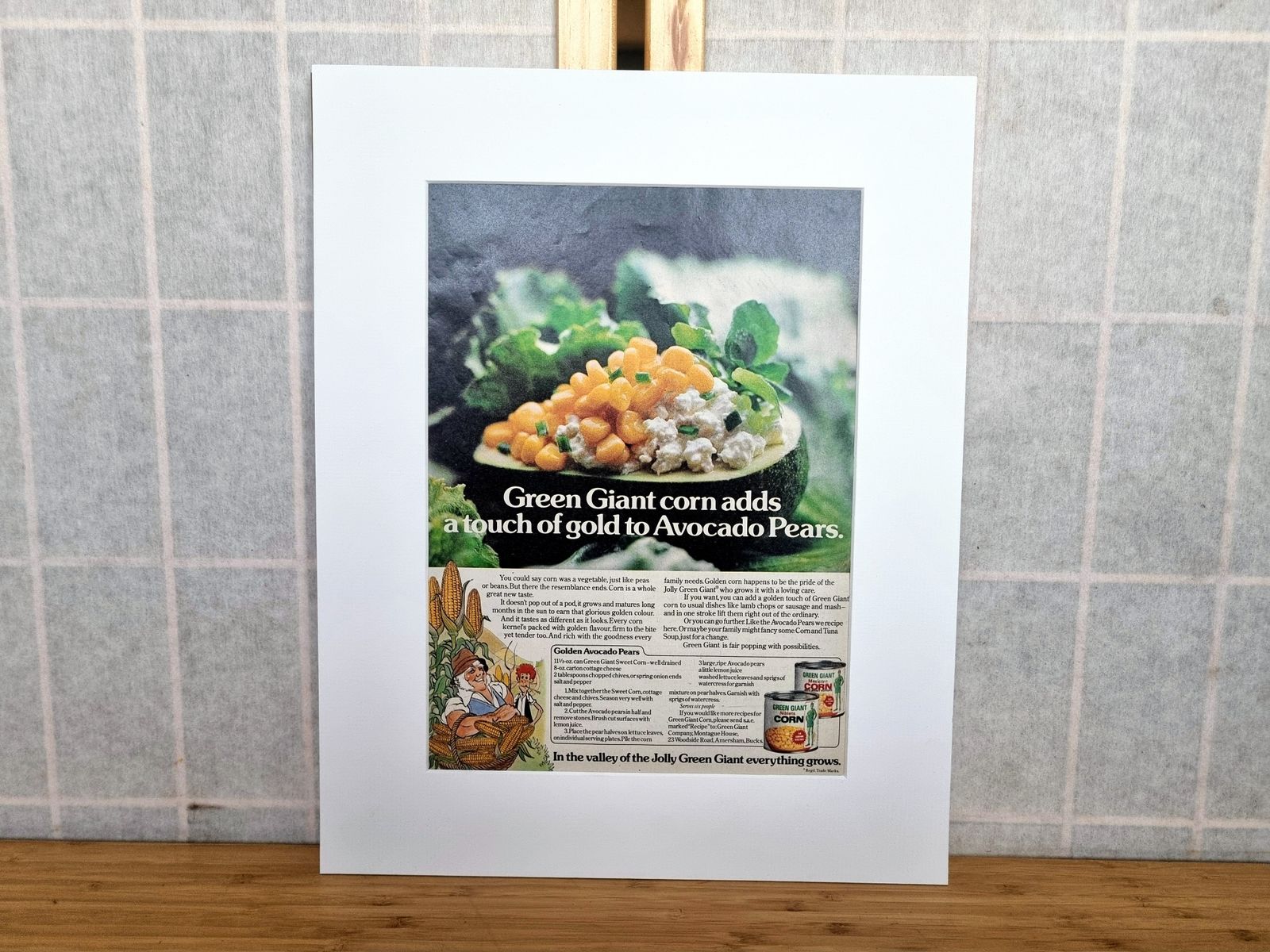 Food Magazine Advertisement Mounted, Green Giant Corn Avocado Pears, 1970s Retro Kitchen Wall Art, Mid Century Grocery Style
