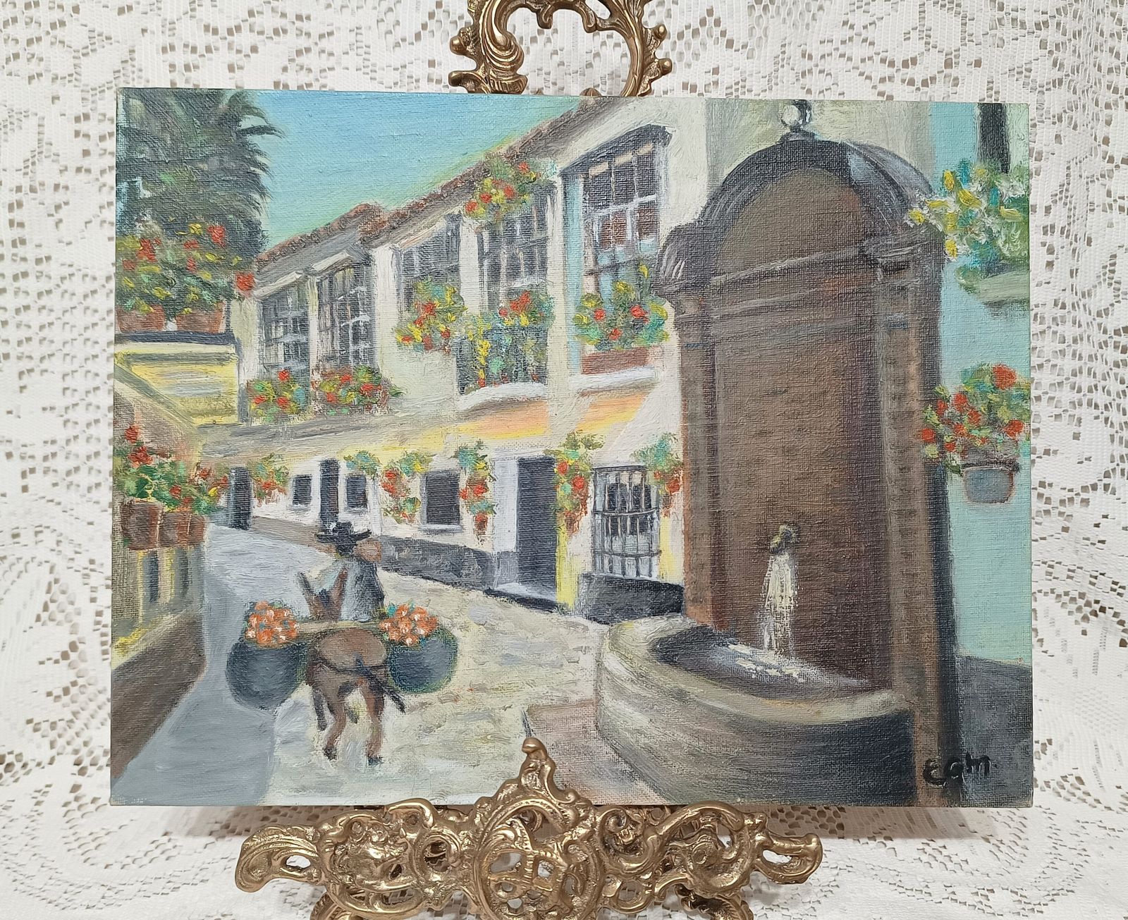 Original Unframed Oil Painting, Traditional Spanish Street Scene Signed . photo furniture