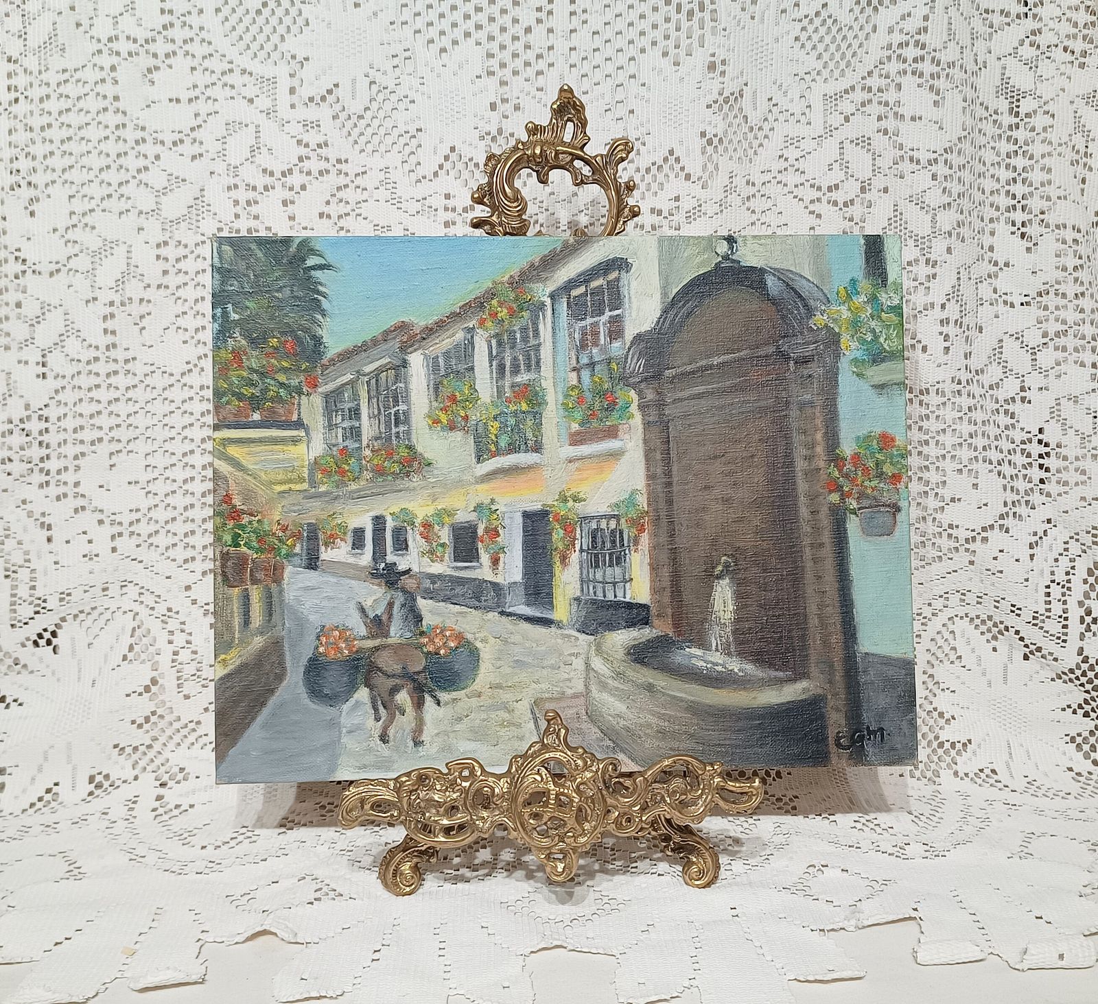 Original Unframed Oil Painting, Traditional Spanish Street Scene Signed .