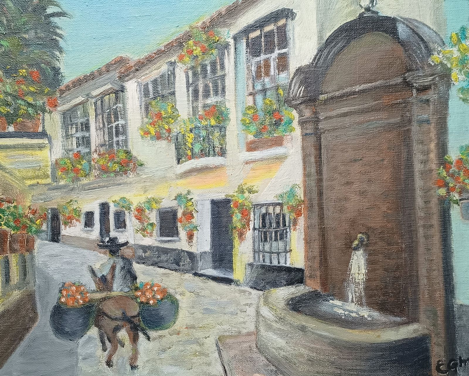 Original Unframed Oil Painting, Traditional Spanish Street Scene Signed . photo vinterior