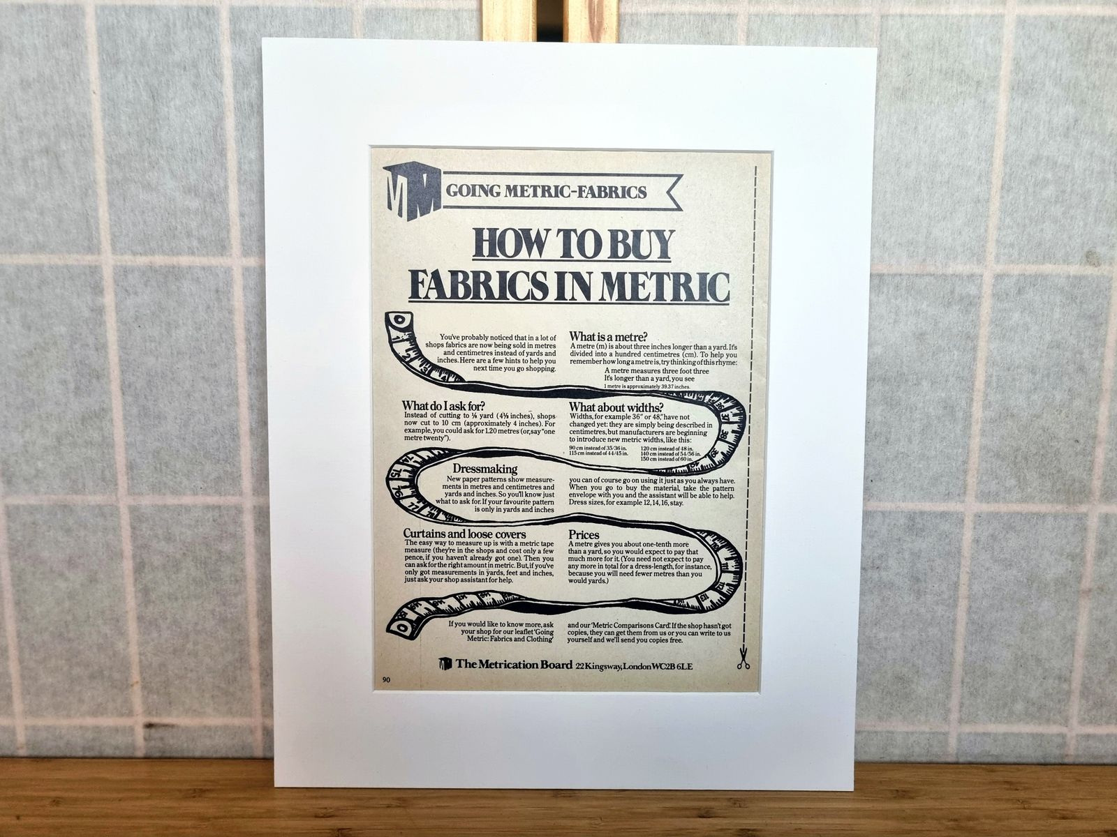 Magazine Information Page Mounted, Fabric Measurement Guide Print, British Graphic Ephemera, 1970s Sewing History