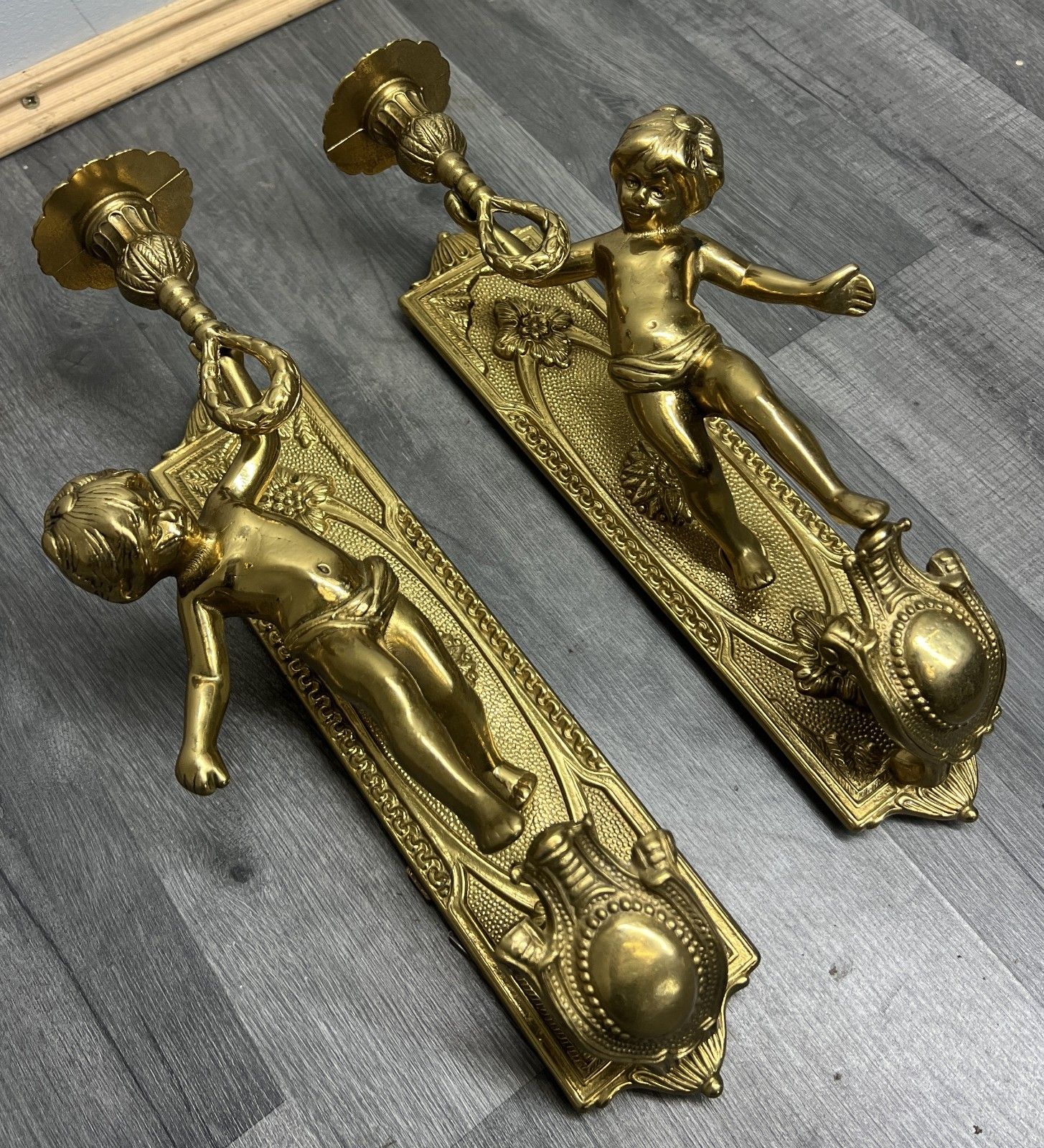 Wall Candle Holder Vintage French Style Sconce Pair Brass Cherub Lot 4665