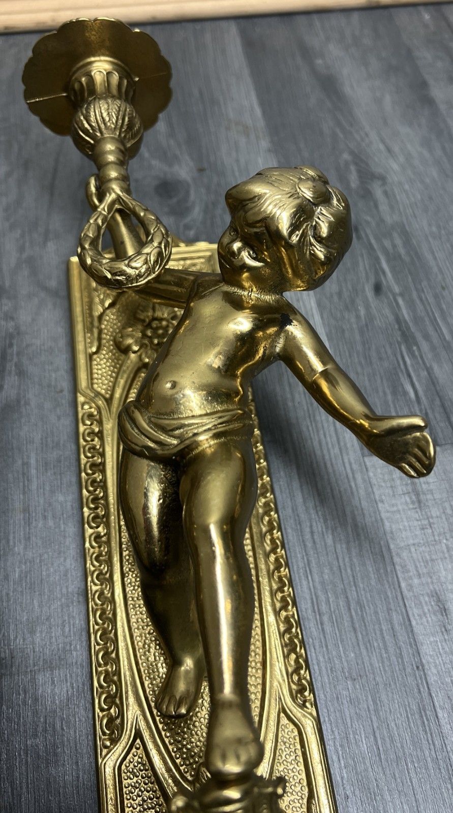 Wall Candle Holder Vintage French Style Sconce Pair Brass Cherub Lot 4665 photo vinterior