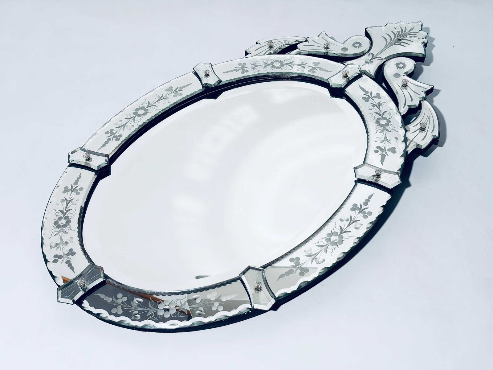 Oval Venetian Murano Glass Mirror / 1920s Flower Ornament Opulent Wall Mirror photo for sale