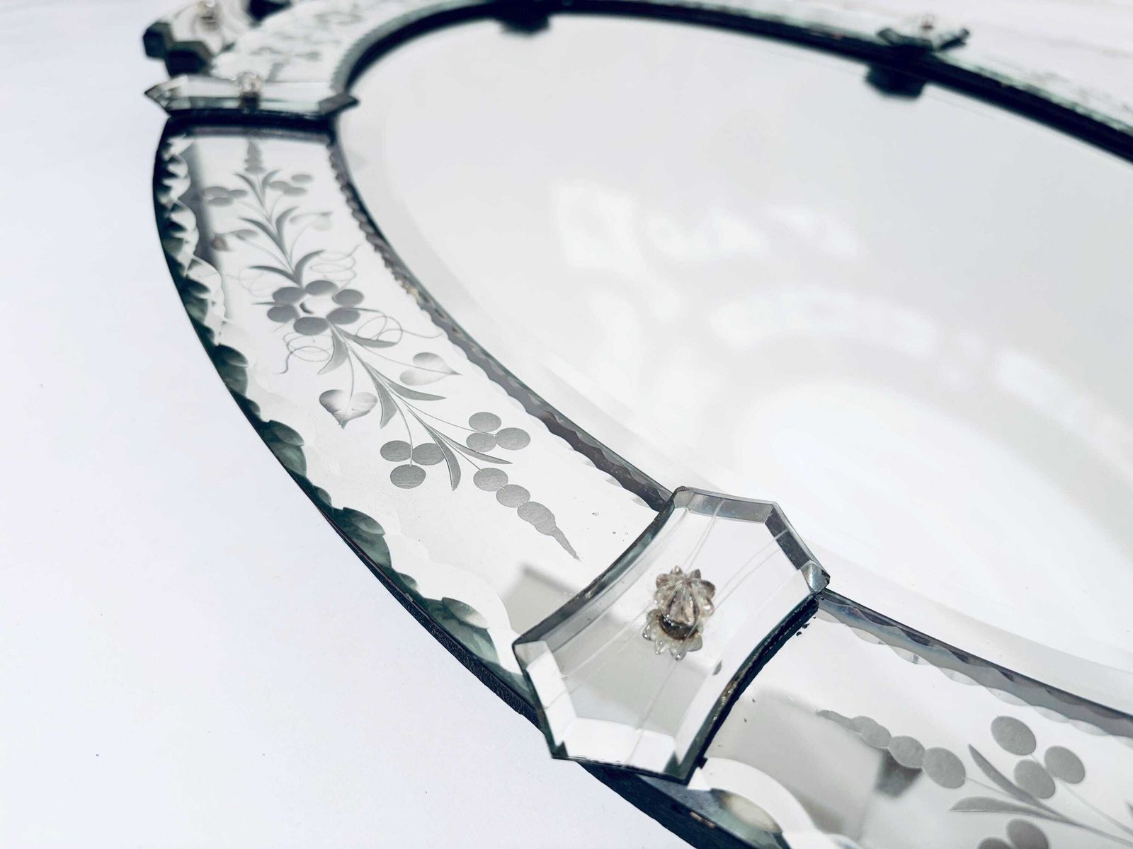 photo buy Oval Venetian Murano Glass Mirror / 1920s Flower Ornament Opulent Wall Mirror