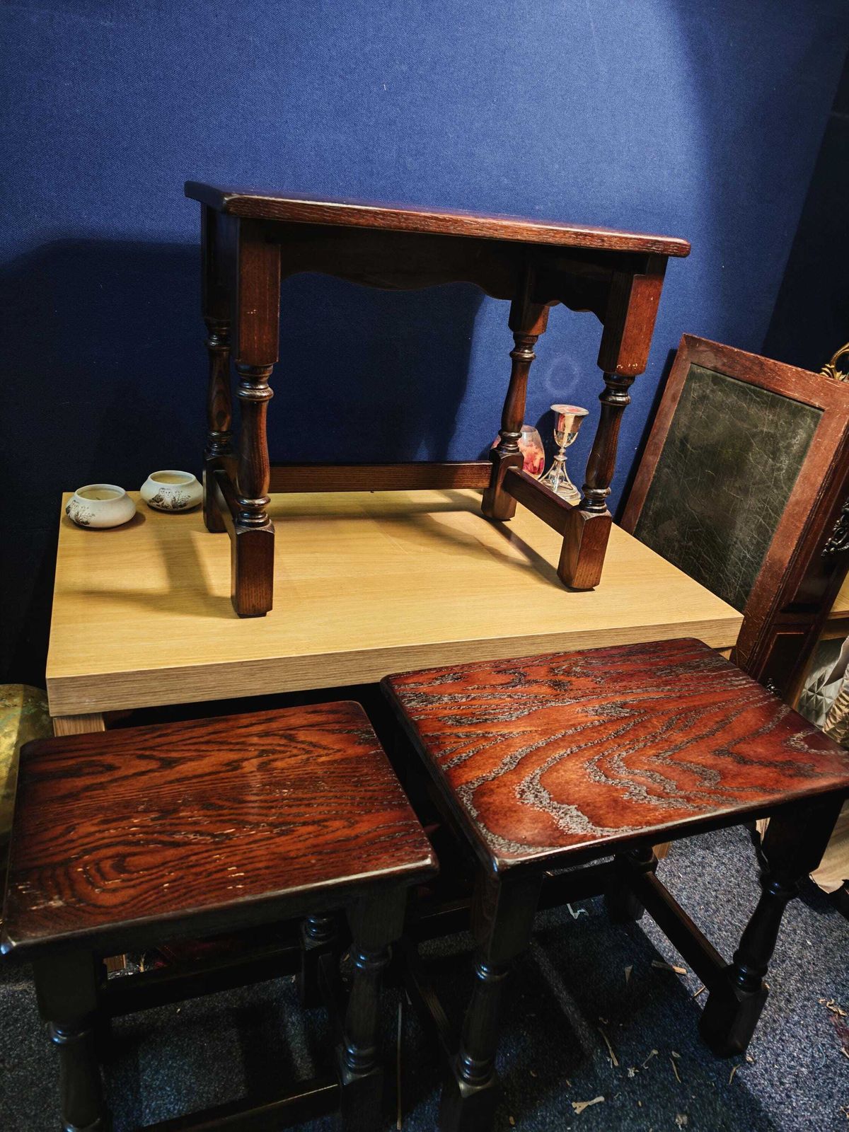 photo for sale Vintage Mahogany Effect Interlocking Nest Of Three Tables With Felt Padding Likely 1970s Or 1980s