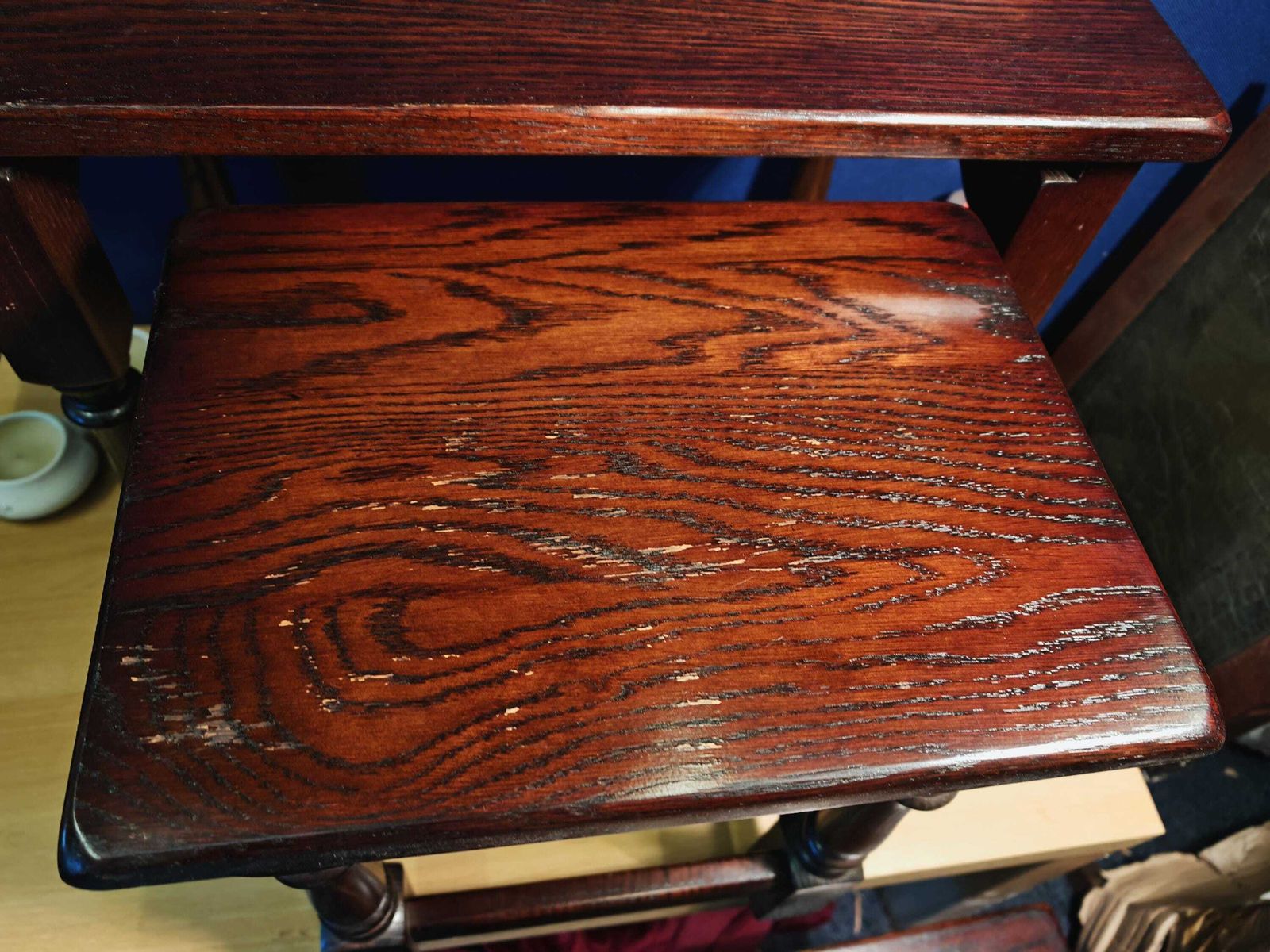 Furniture Vintage Mahogany Effect Interlocking Nest Of Three Tables With Felt Padding Likely 1970s Or 1980s photo