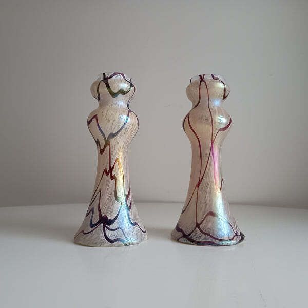 Pair Of Art Nouveau Oil Spot Iridescent Lustre Vases By Rindskopf  Missing Silver Collars