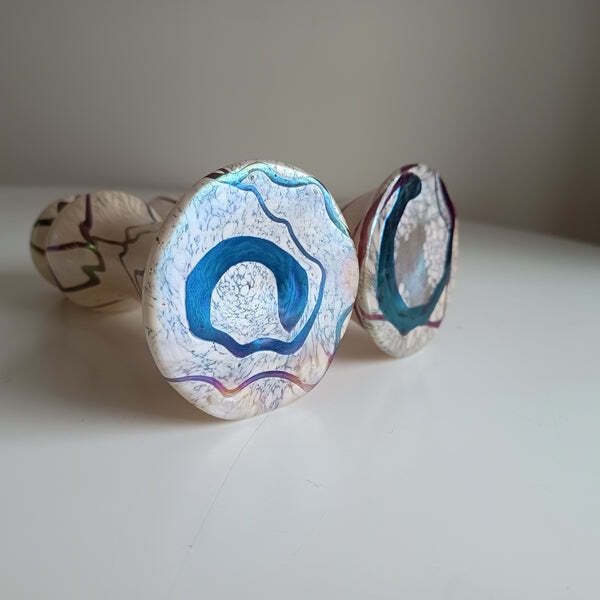 Pair Of Art Nouveau Oil Spot Iridescent Lustre Vases By Rindskopf  Missing Silver Collars photo vinterior