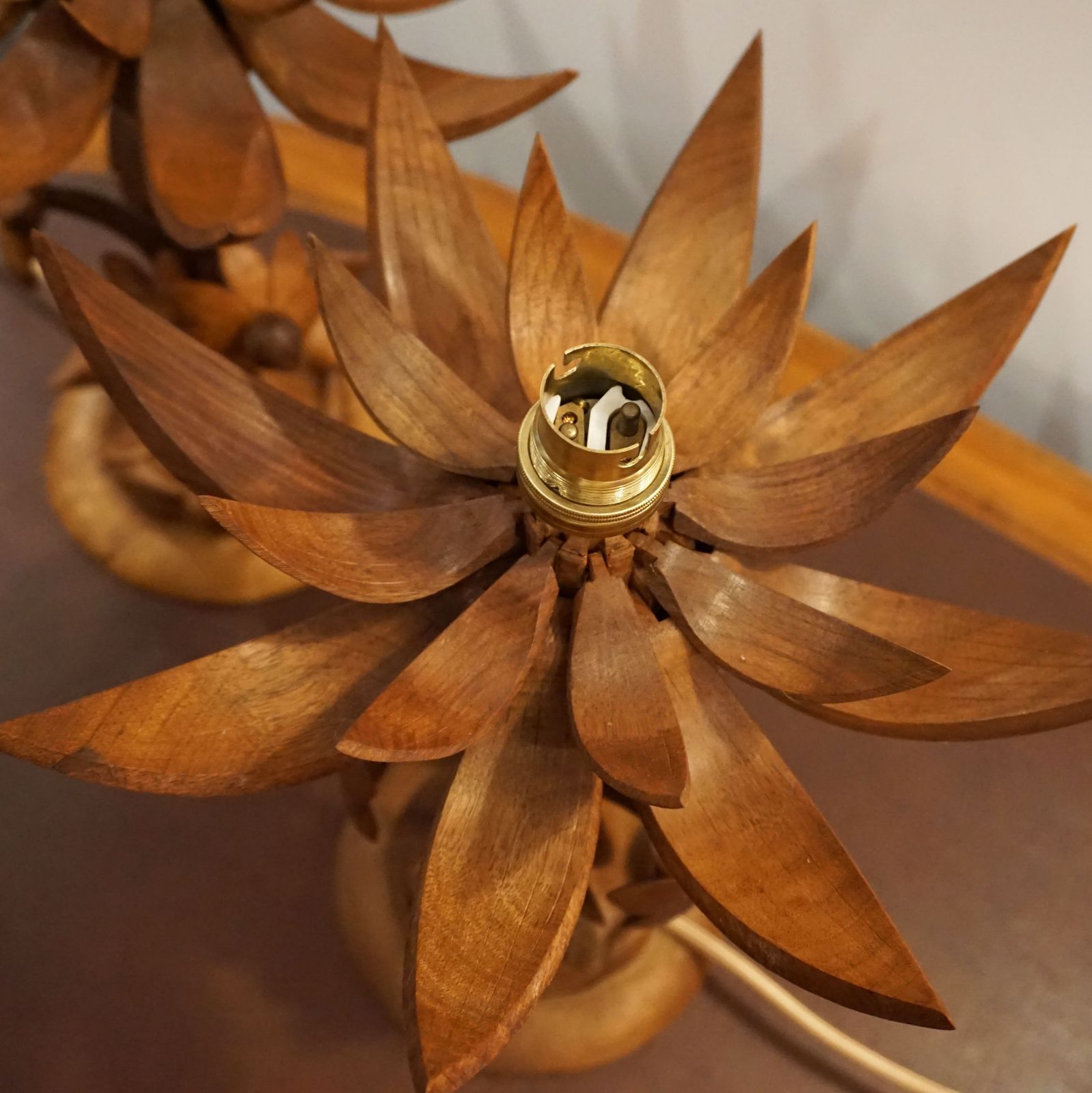 photo for sale Mid Century Teak Pair Lotus Lamps X2 Pair Thai Indonesian Handmade Ooak Design