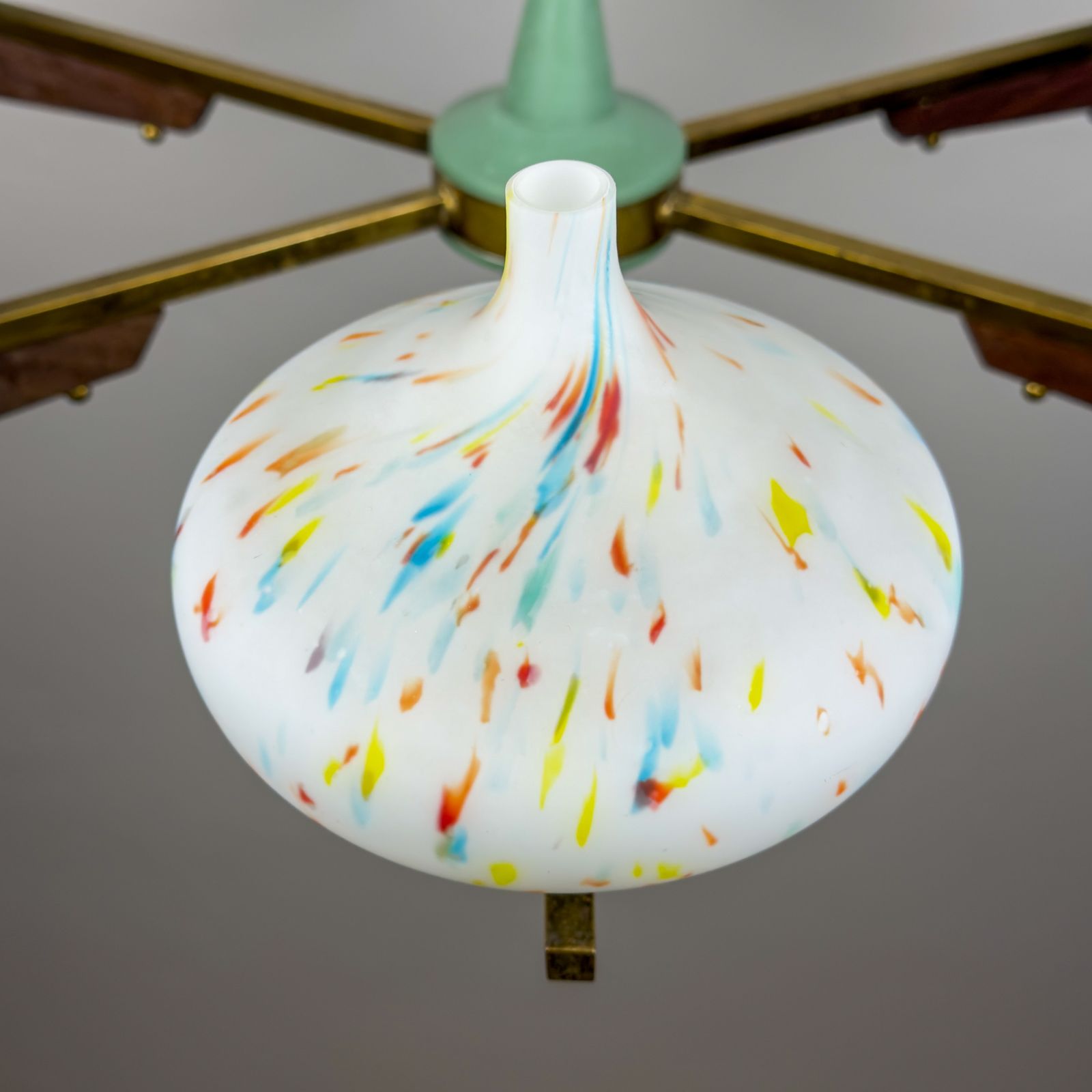 Mid Century Stilnovo Chandelier With Teak And Murano Glass, Italy 1940 50s photo vinterior