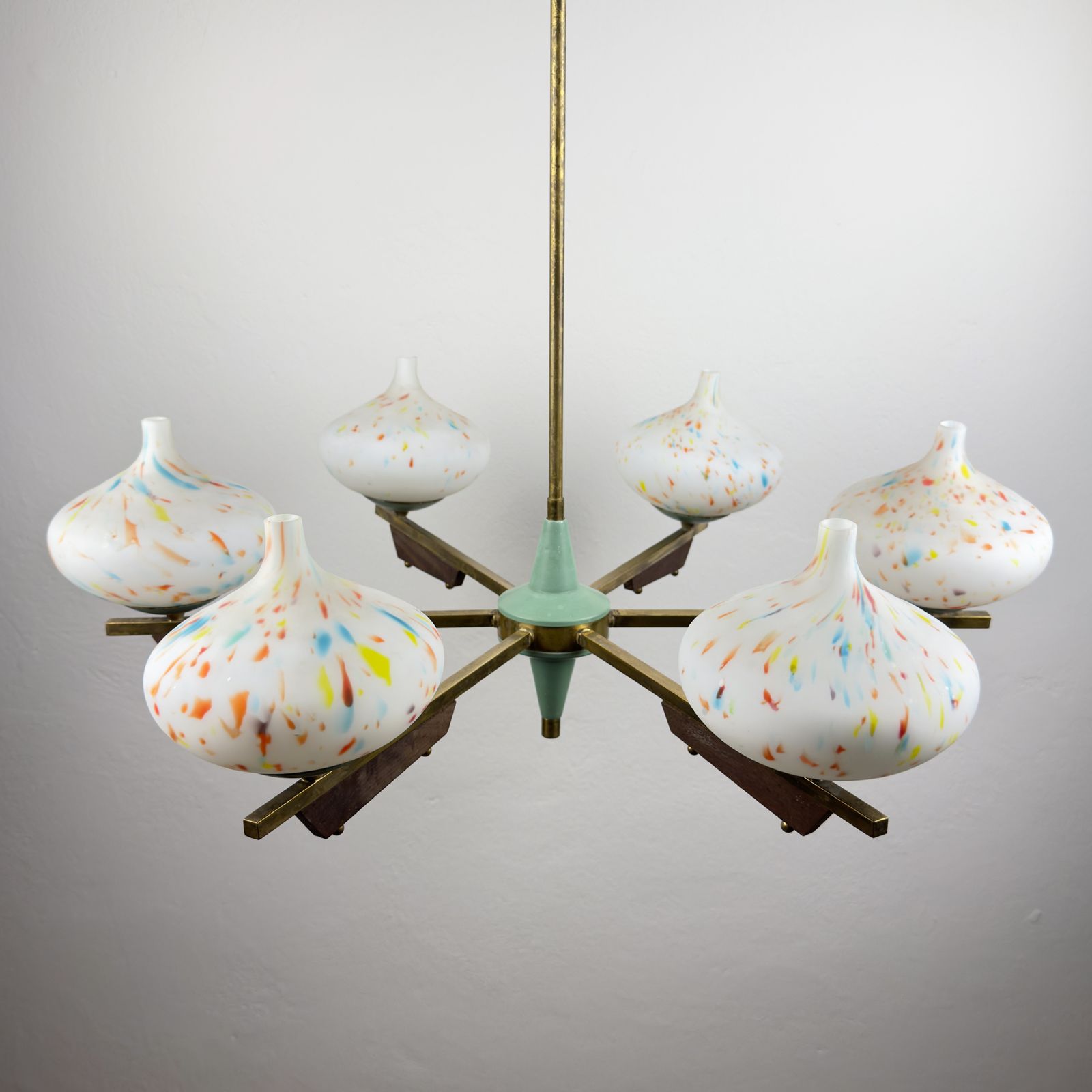 Mid Century Stilnovo Chandelier With Teak And Murano Glass, Italy 1940 50s photo vintage