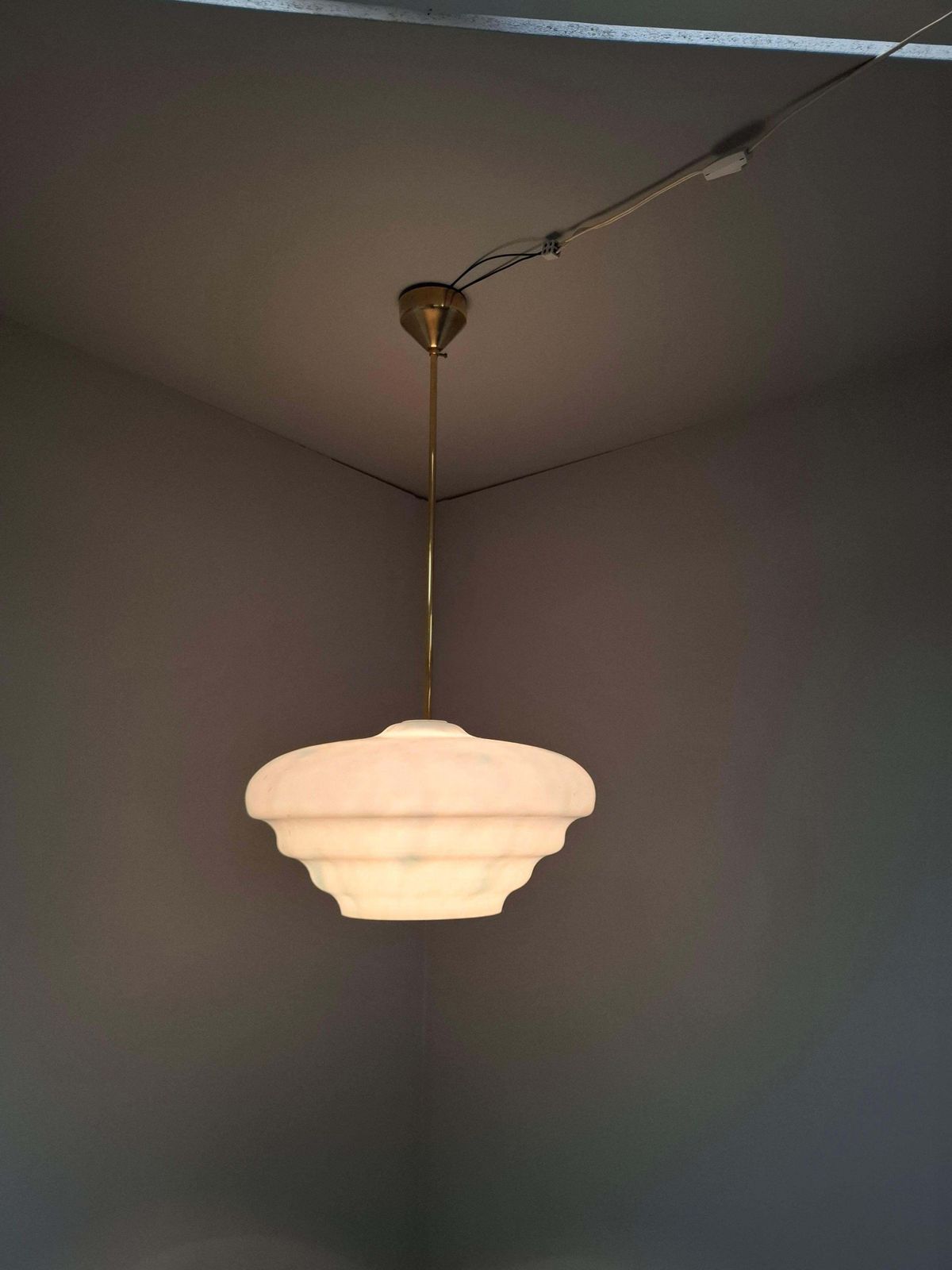 Napako Midcentury Modern Pendant Lamp In Opaline Glass And Brass, Czechoslovakia photo Lighting