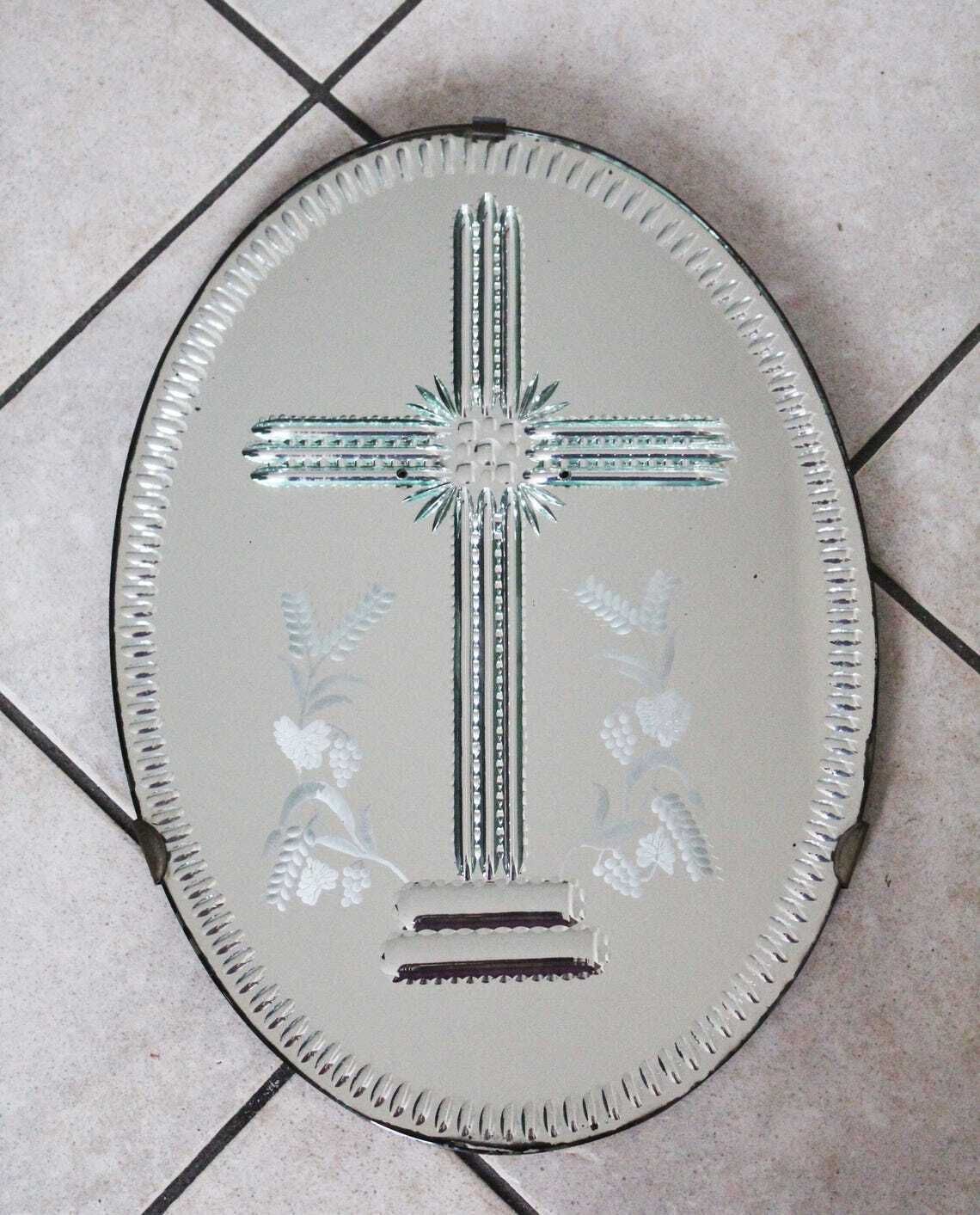photo for sale Tall Antique Oval Mirror Etched Design On Reverse Mercury Glass Green Tint Crucifix Religious Wall Mirror Wood Frame Cut To Clear Bevel