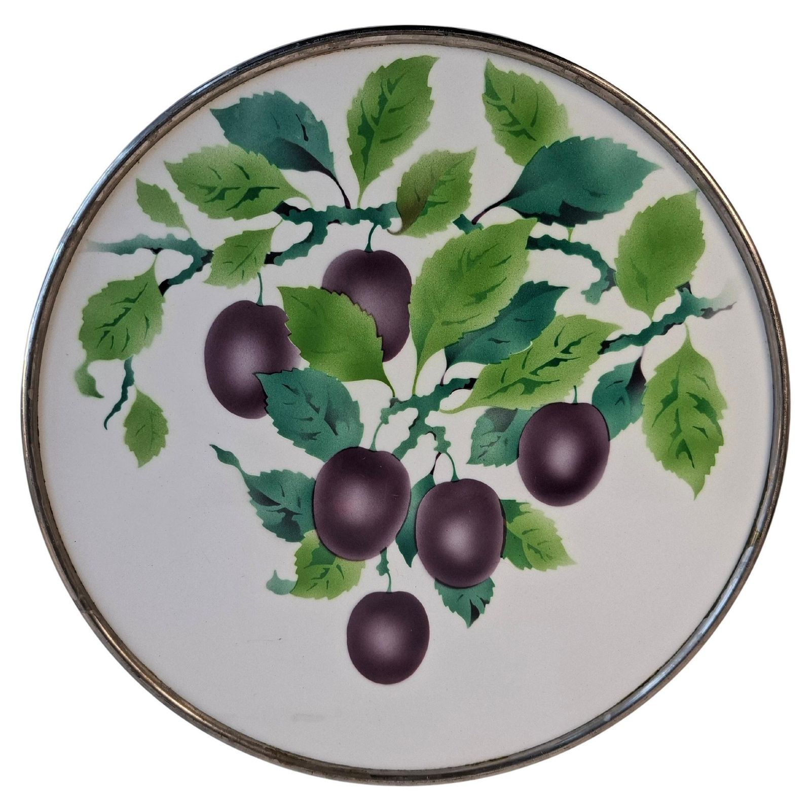Czechoslovak Art Deco Porcelain Tray With Plum Motif And Metal Rim, 1930s