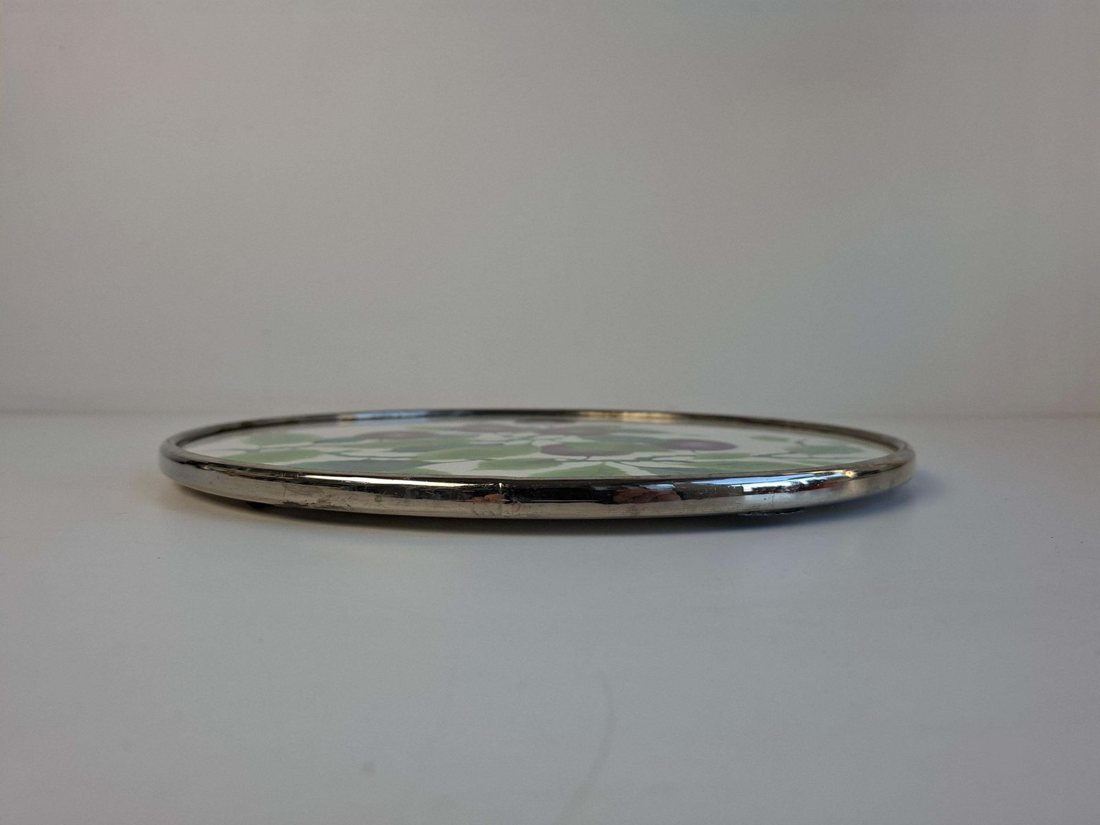 Home Decor Czechoslovak Art Deco Porcelain Tray With Plum Motif And Metal Rim, 1930s photo
