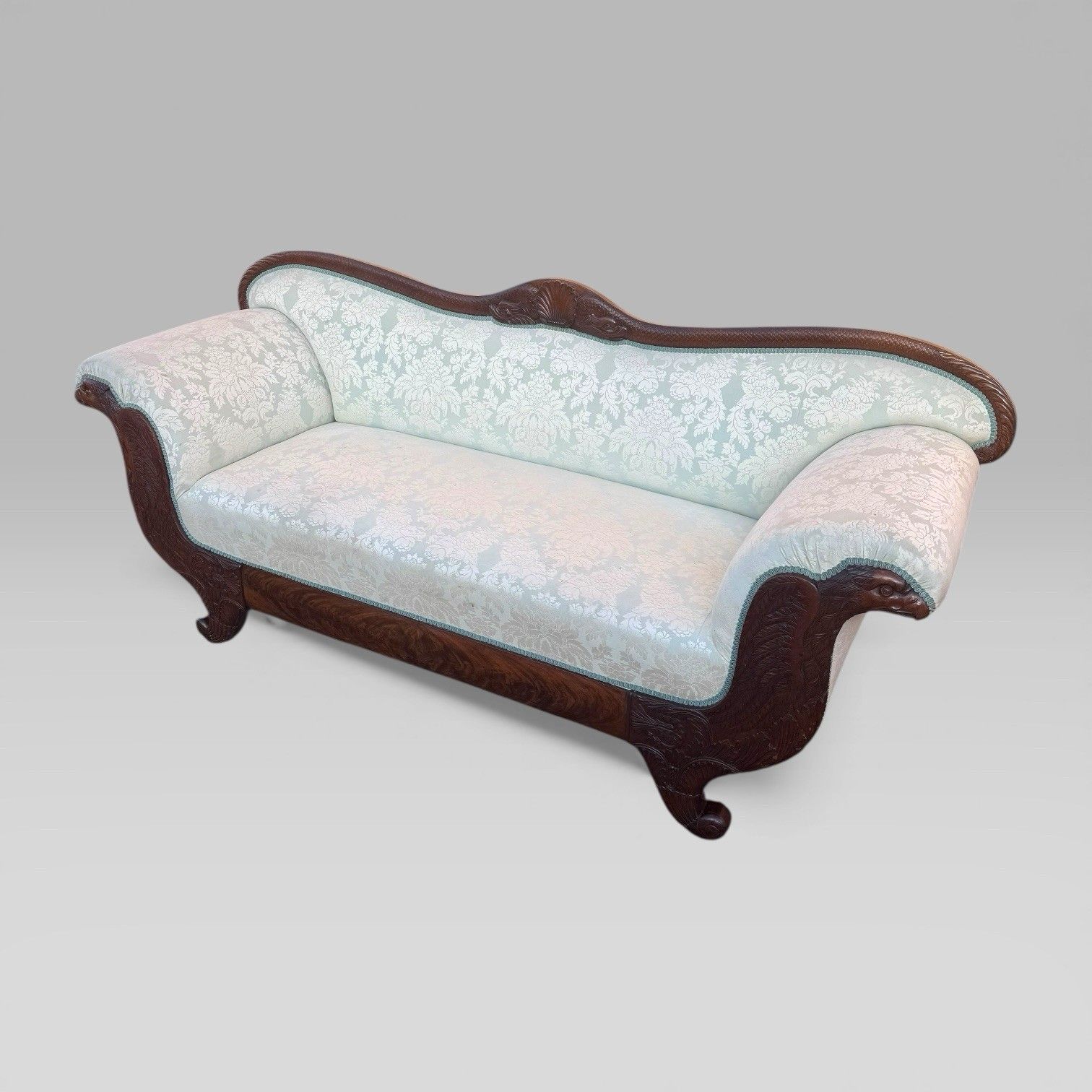 Antique 19th Century French Empire Flame Mahogany Sofa With Carved Details photo for sale