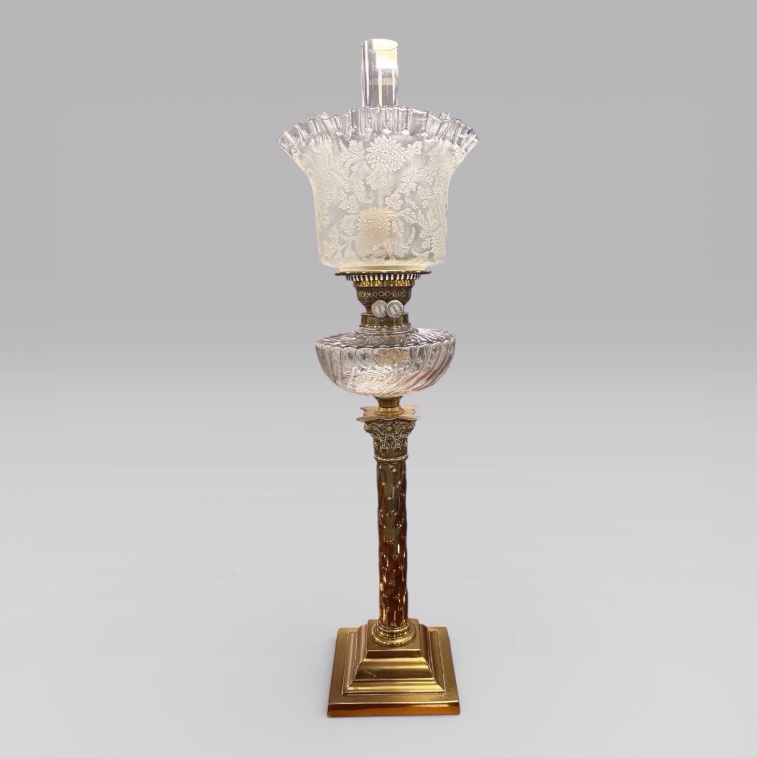 Antique Victorian Duplex Etched Glass Tulip Shade Oil Lamp With Brass Column photo furniture