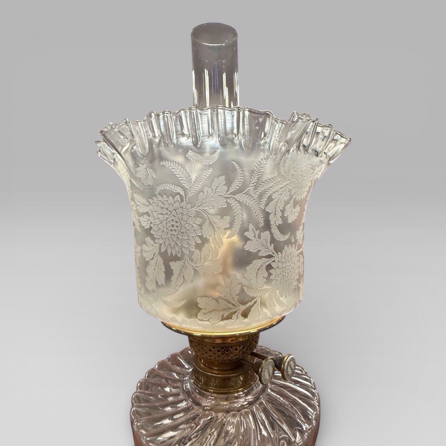 Antique Victorian Duplex Etched Glass Tulip Shade Oil Lamp With Brass Column photo for sale
