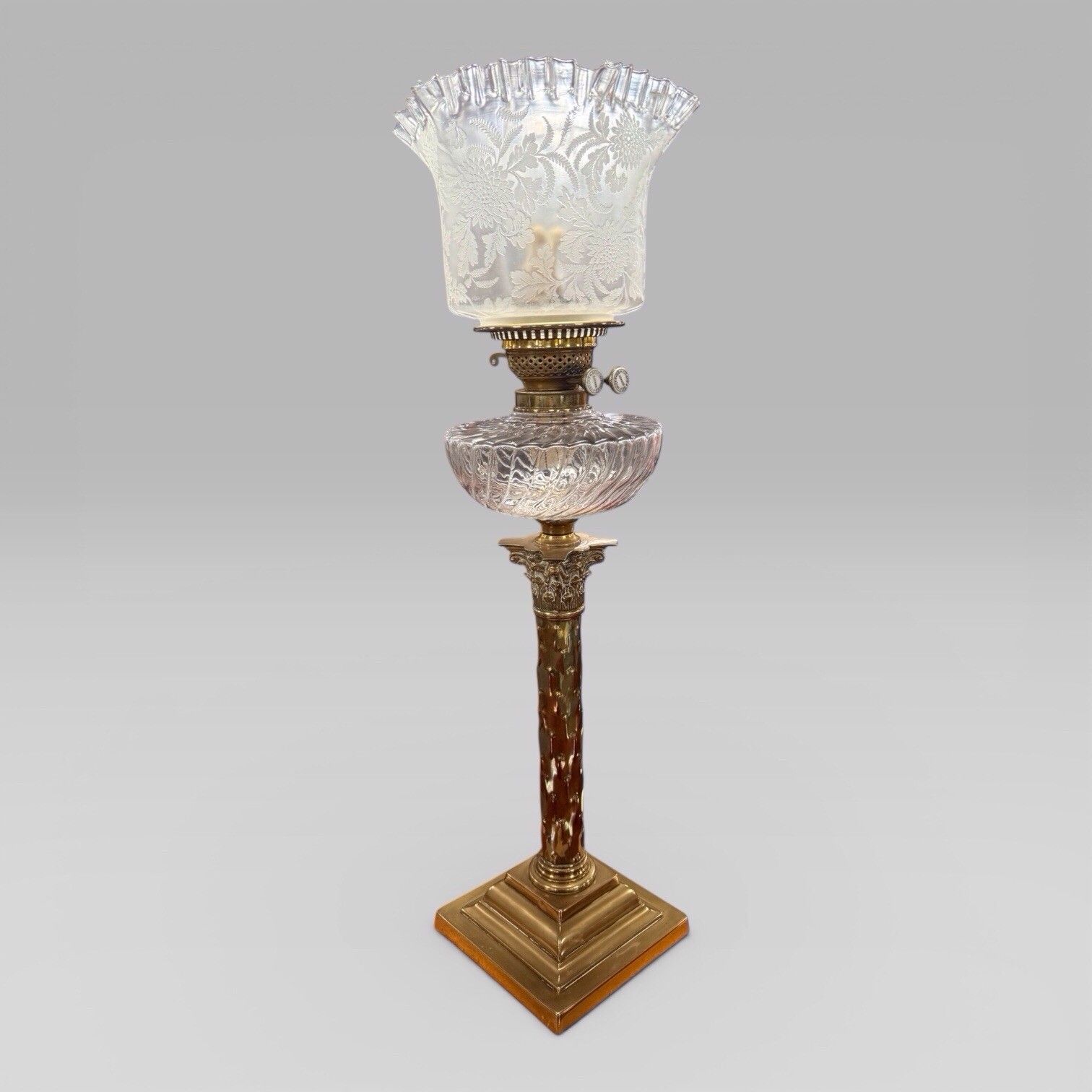 Antique Victorian Duplex Etched Glass Tulip Shade Oil Lamp With Brass Column photo buy