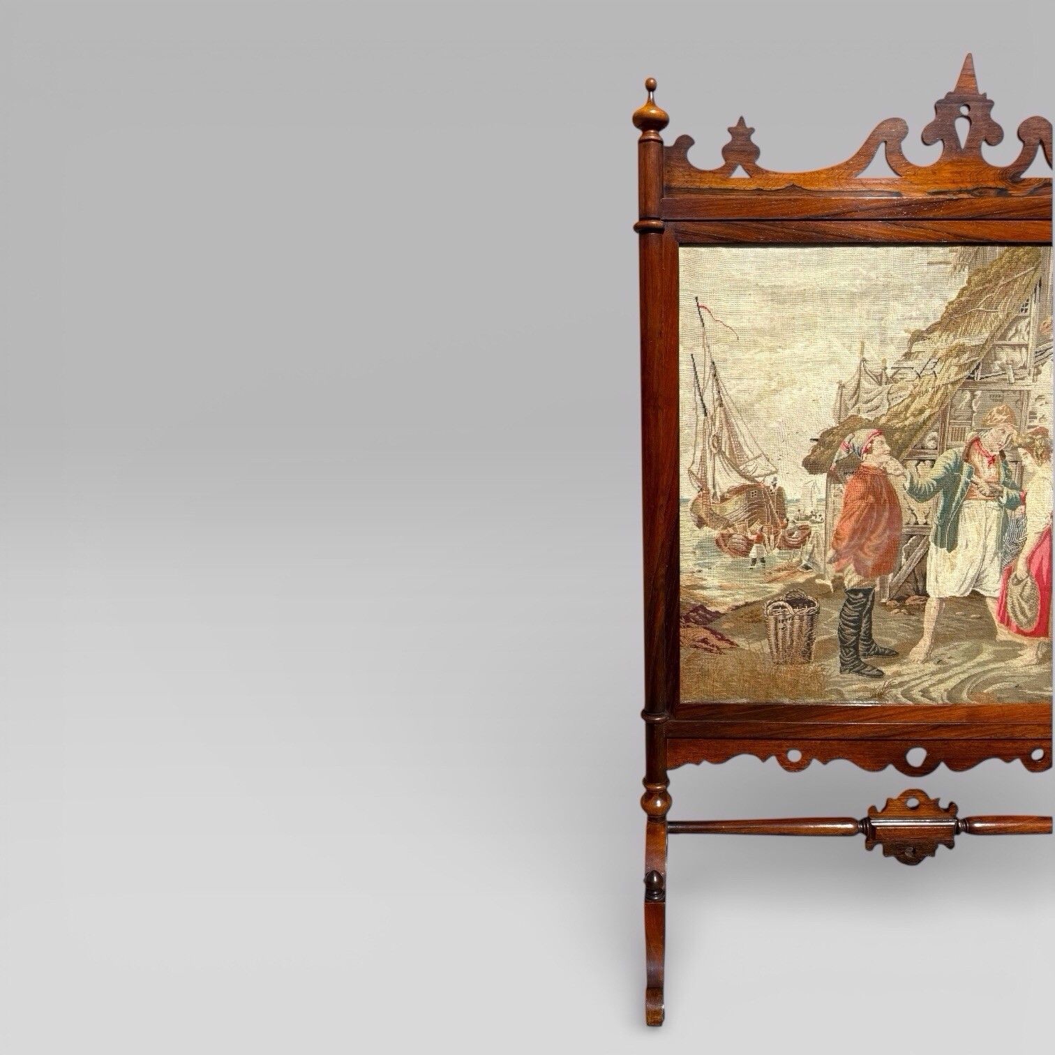 Antique English Victorian Rosewood & Needlework Cheval Fire Screen photo vintage